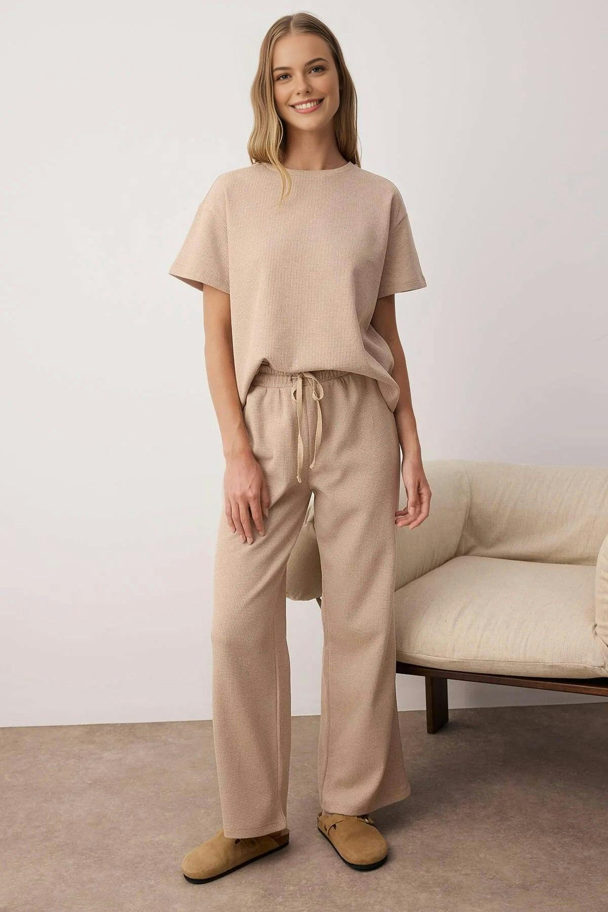 Wovcor Beige 2-Piece Waffle Textured Knit Pajama Set With Waist Tie Detail - Xs
