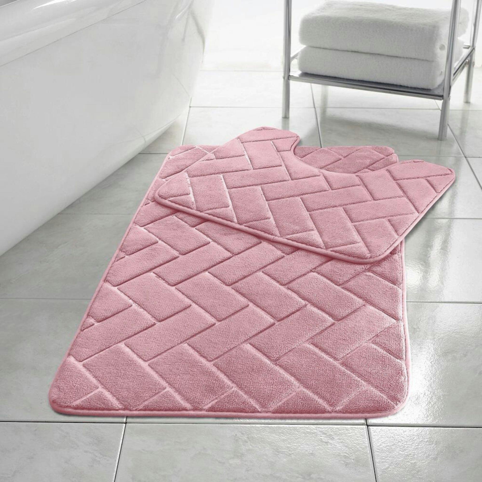 Rackhams Pink Memory Foam Blocks Anti Slip Bath Mat Set 2 Piece
