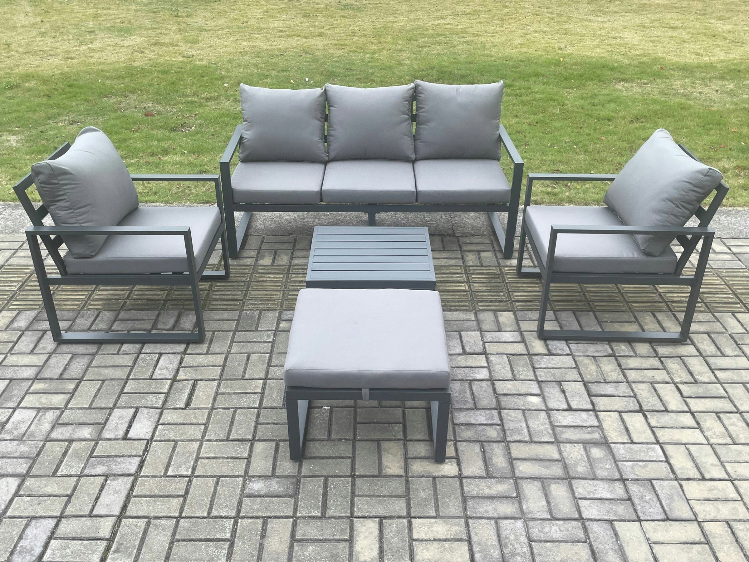 Rackhams Dark/Grey Aluminium Outdoor Garden Furniture Set Lounge Sofa 2 Pc Chairs Square Coffee Table Sets With Big Footstool