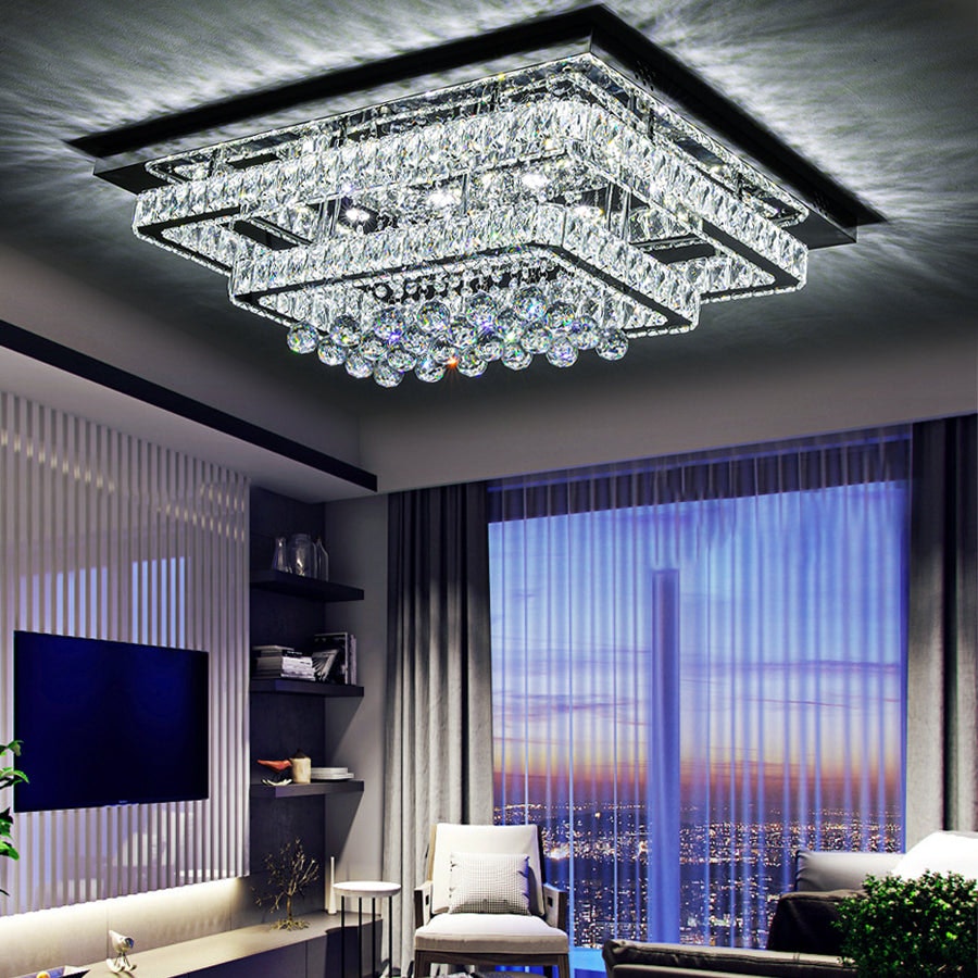Rackhams Light 100W Wide Square Tiered Crystal Led Ceiling 80Cm