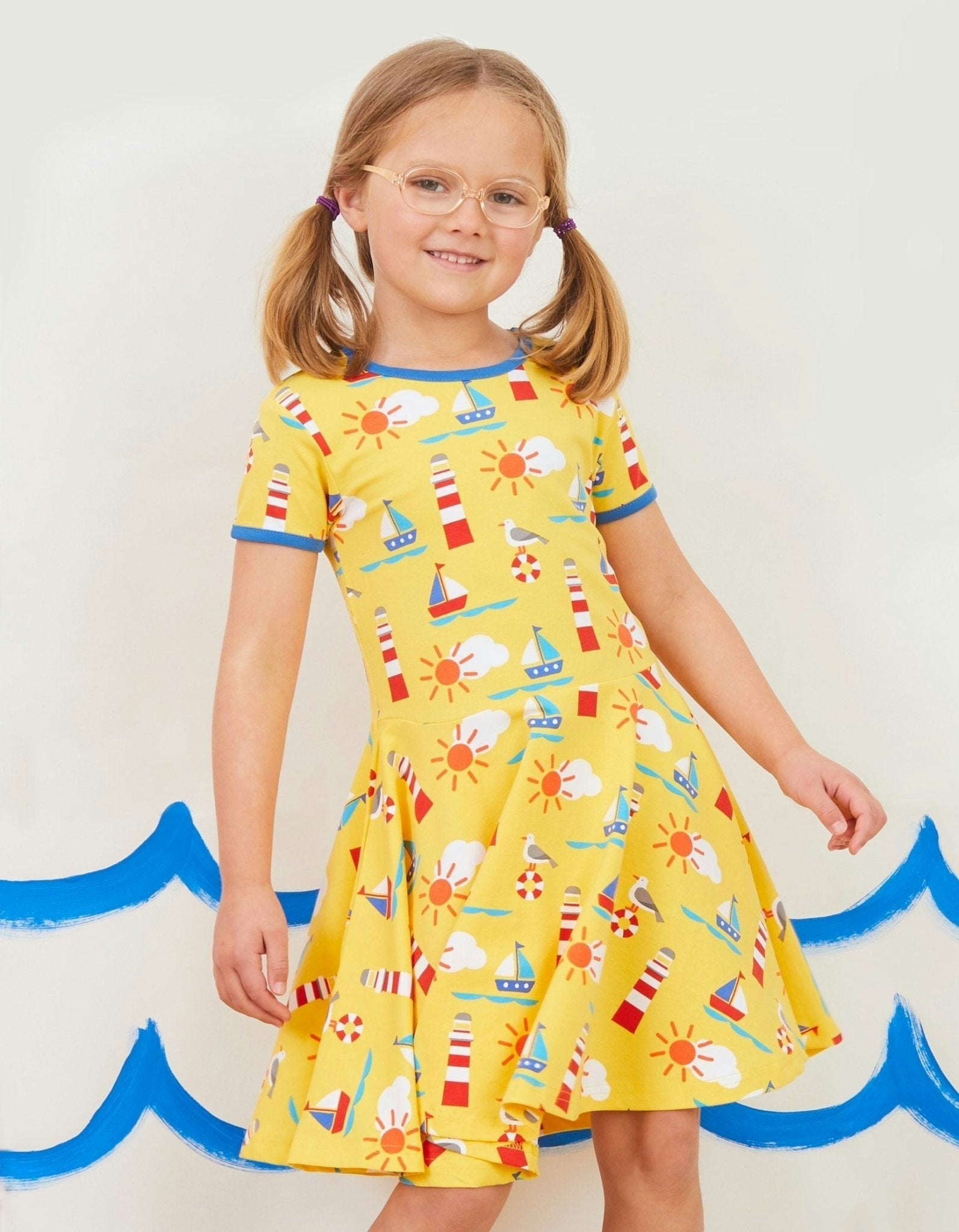 Toby Tiger Organic Seaside Print Ss Skater Dress - 12-18M / 86Cm