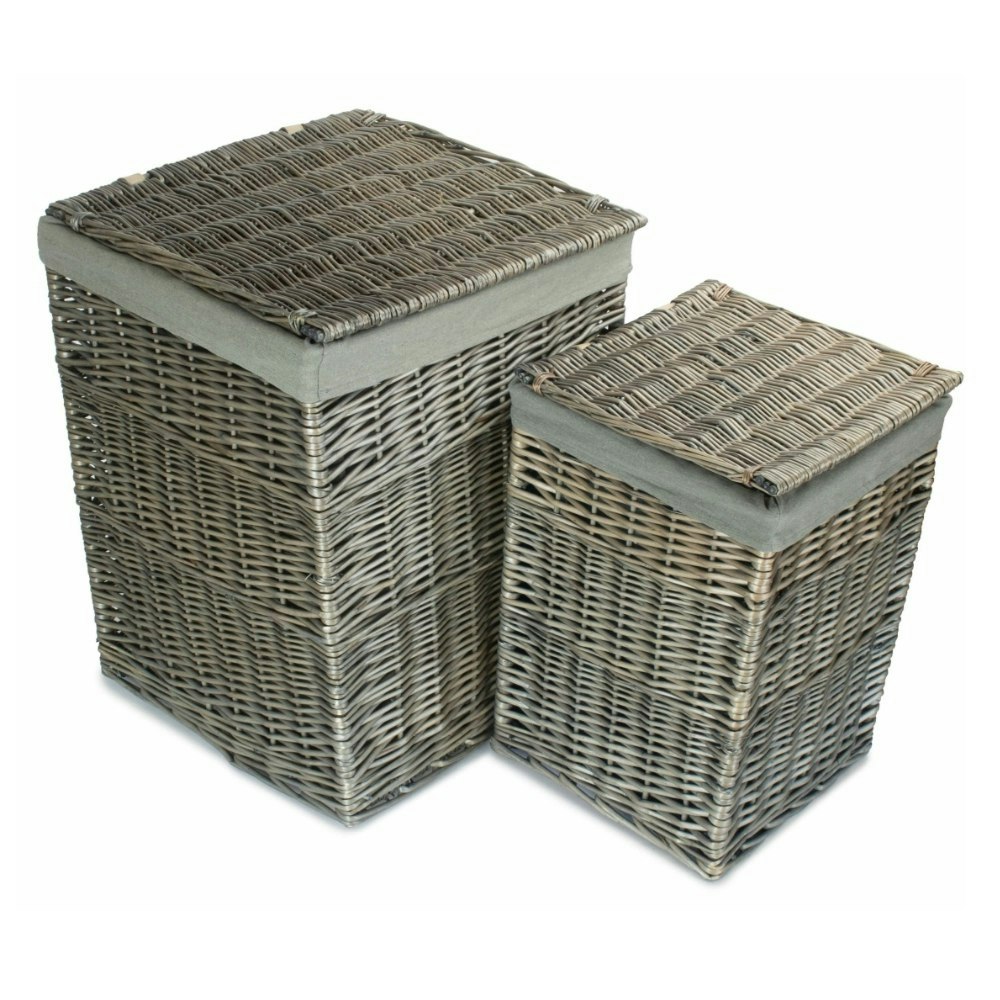 Red Hamper Red/Grey Hamper Set Of 2 Antique Wash Wicker Square Laundry Basket With Sage Lining