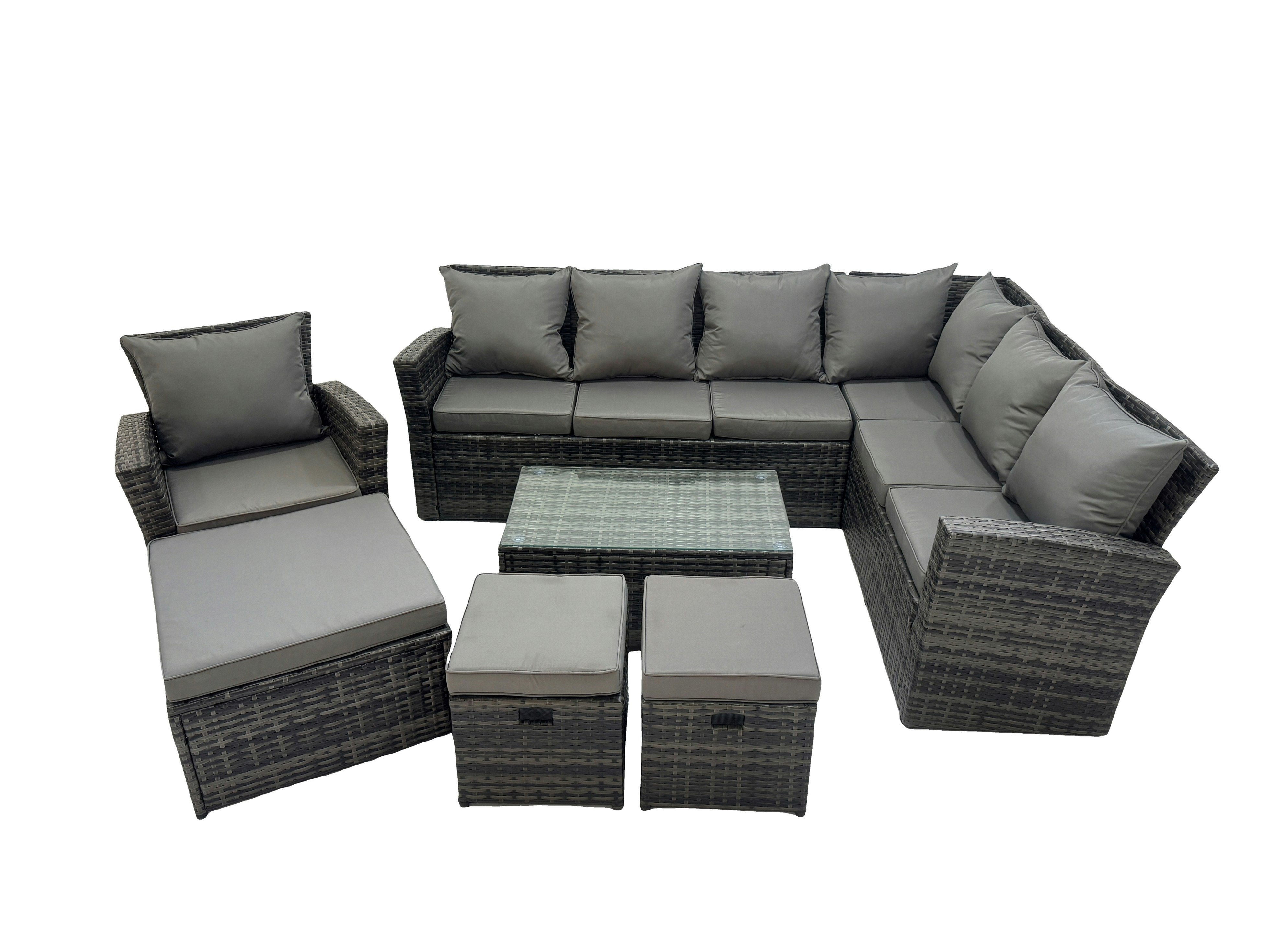 Rackhams Dark/Grey Rattan Garden Outdoor Furniture Set 10 Seater Garden Sofa Coffee Table Sets With Chair 3 Footstools Mixed