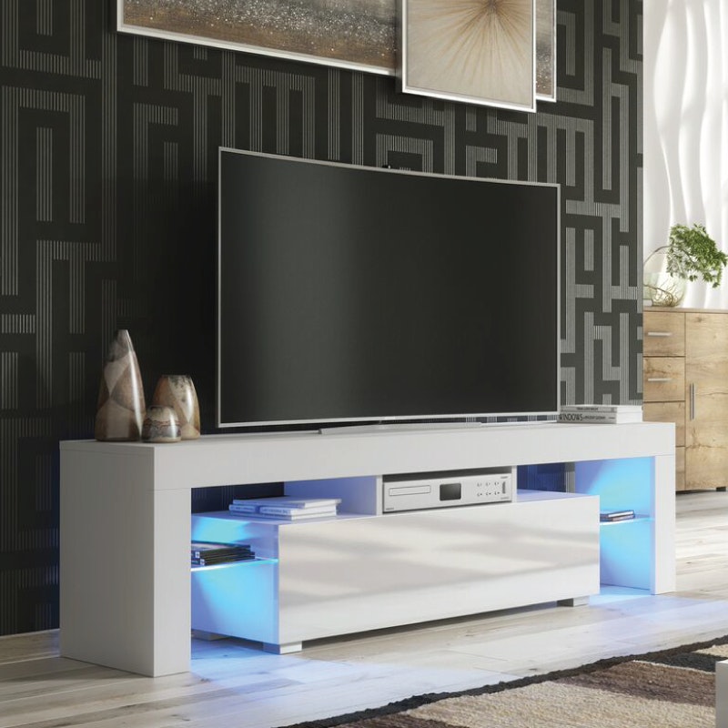Rackhams White Chic 160Cm Tv Unit – Modern Tv Stand Cabinet With High Gloss Doors And Free Led - 160 Cm - 1 - Mdf/Chipboard