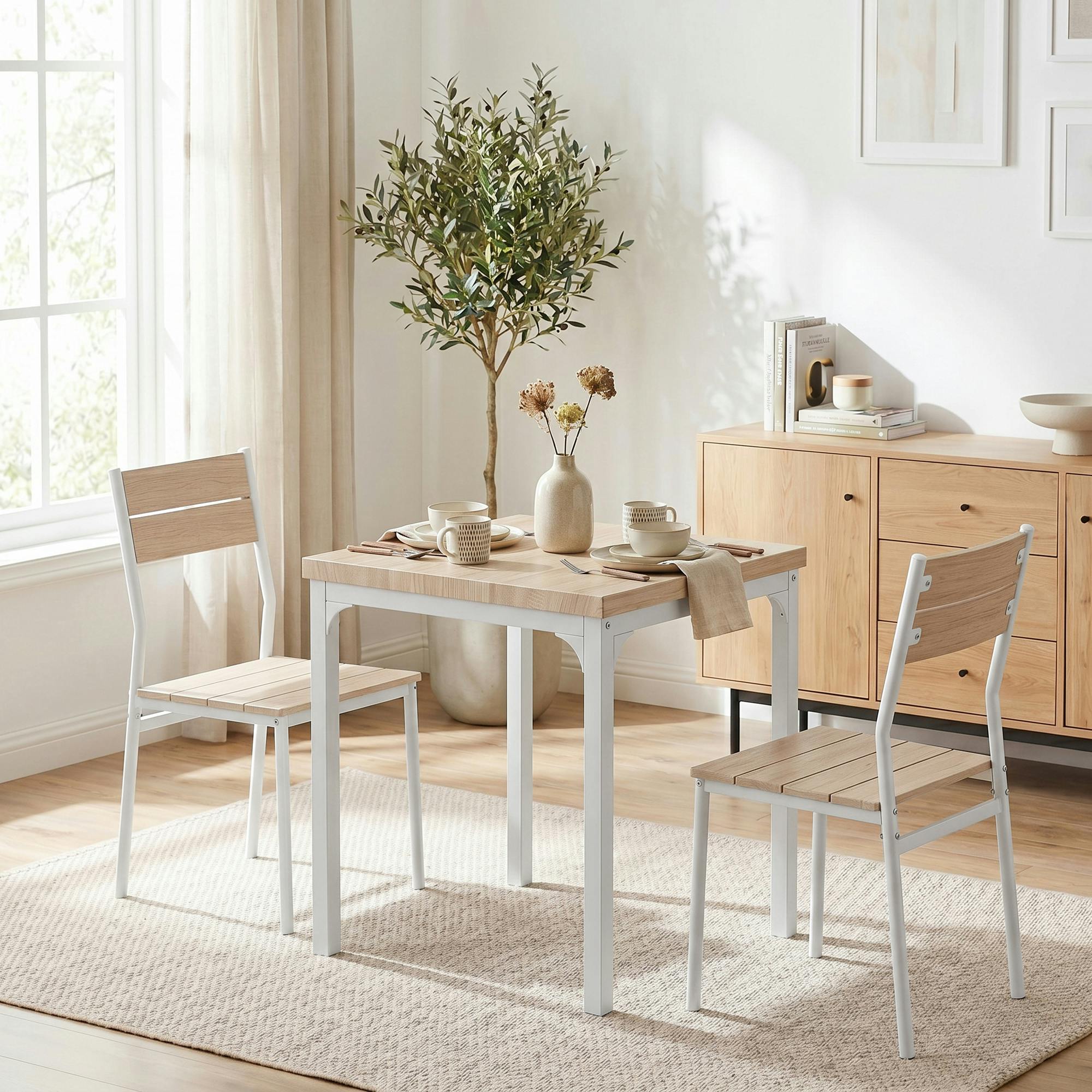Rackhams White 3 Pcs Compact Dining Table 2 Chairs Set, Oak Wood Effect