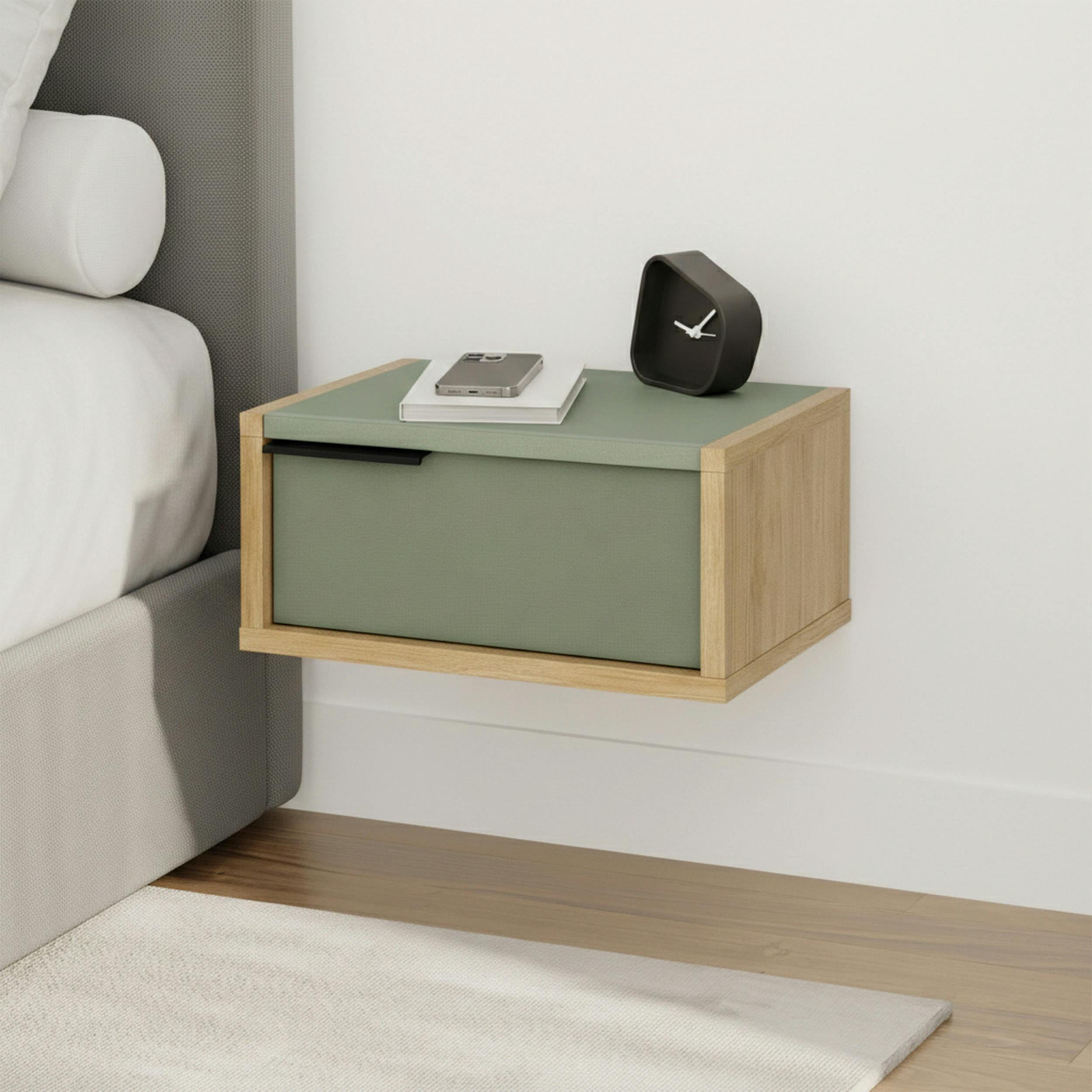 Decortie Floating Bedside Table With Drawer Wall Nightstand Sandstone,Sonoma Oak - Ash Green, Oak - Image 2