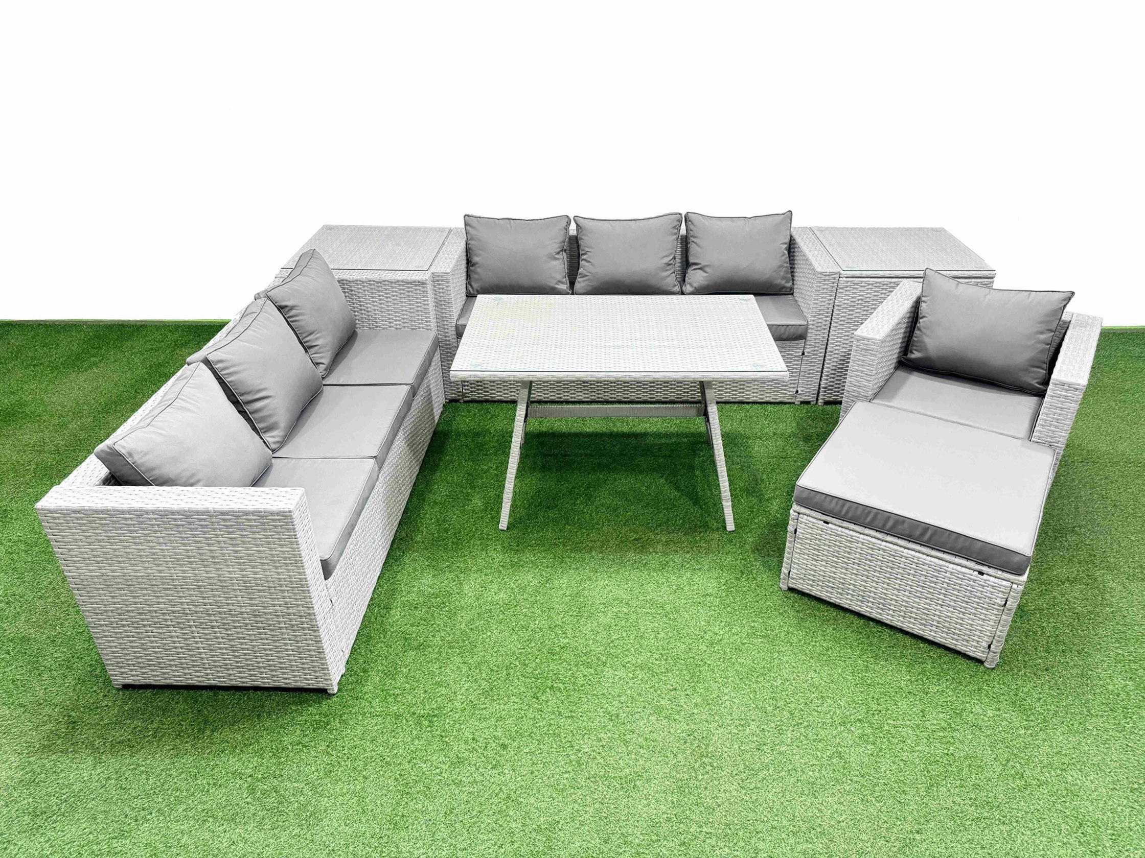 Fimous Light/Grey/Dark Outdoor Rattan Garden Furniture Dining Set 8 Seater Patio Rectangular Table 3 Seater Sofa Armchair Set With 2 Side Tables Big Stool