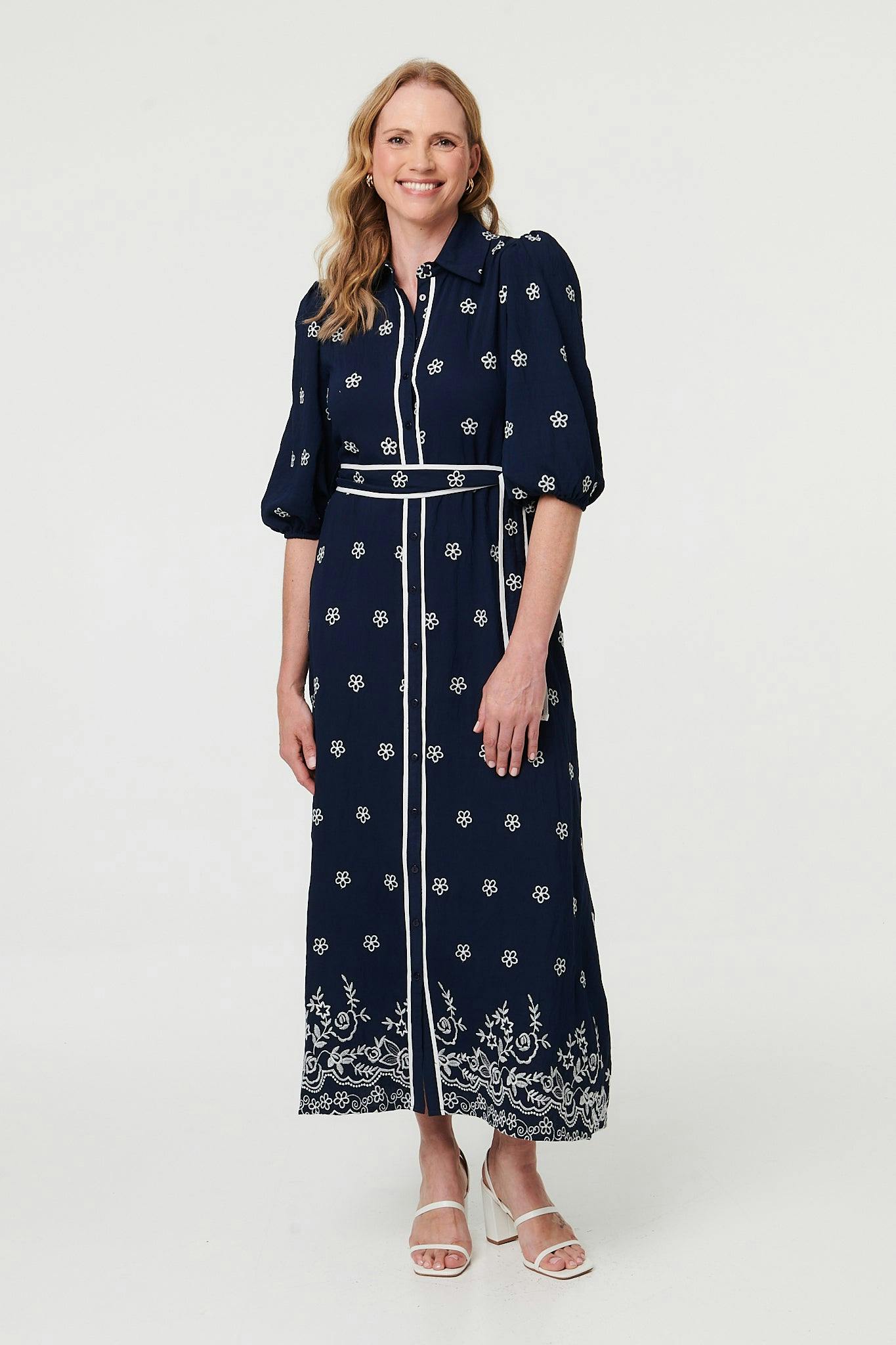 Izabel London Embroidered Texture Tie Waist Maxi Dress - 16 - Navy