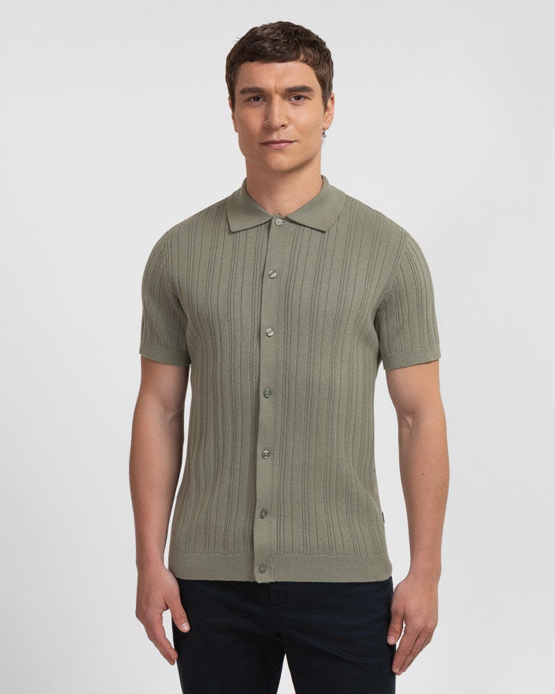 Steel & Jelly Kilburn - Stripe Textured Knitted Short Sleeve Shirt - Sage - Xl