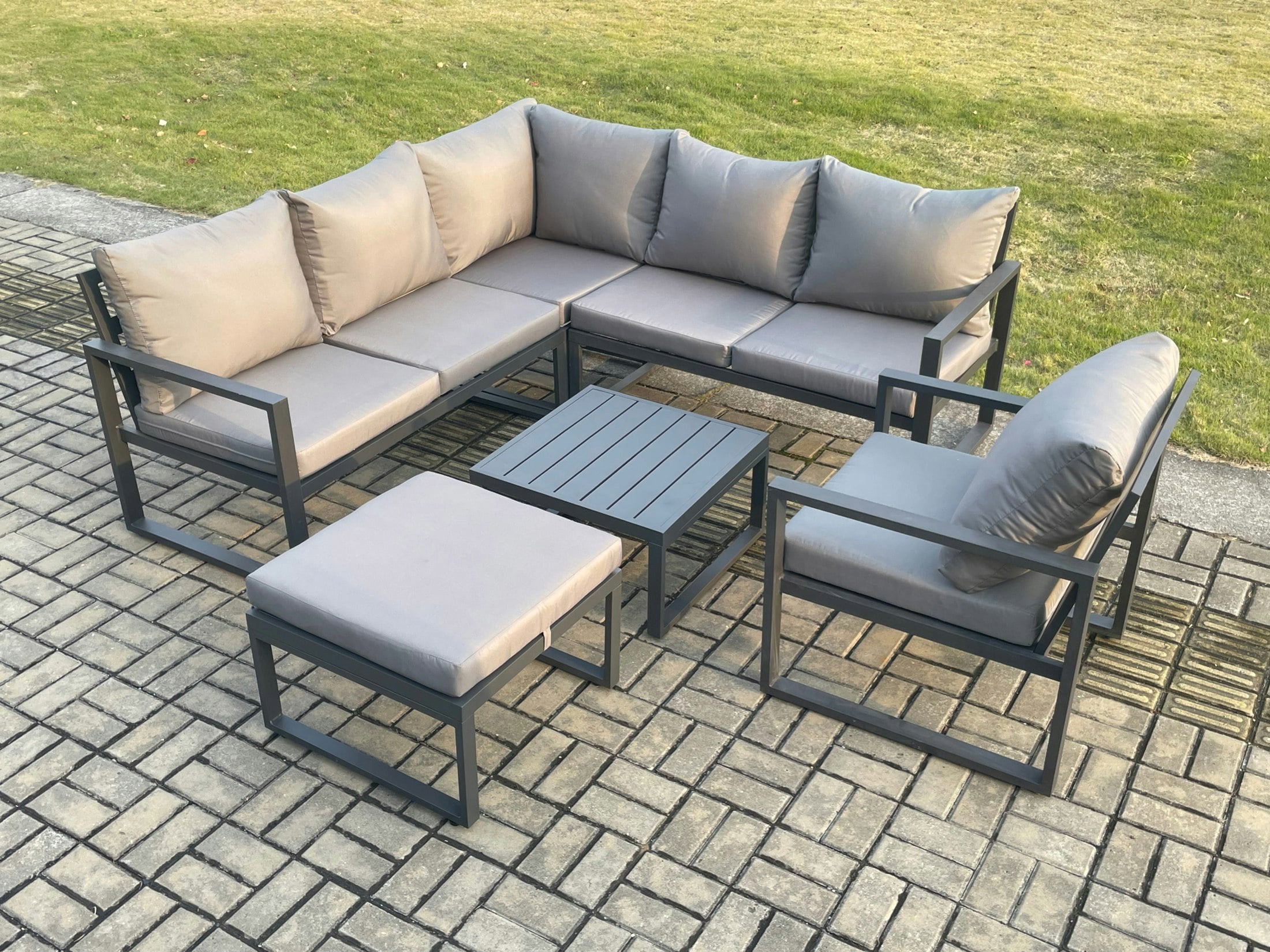 Rackhams Dark/Grey Outdoor Garden Furniture Set Aluminium Lounge Sofa Square Coffee Table Sets With Chair Big Footstool Indoor Conservatory Set