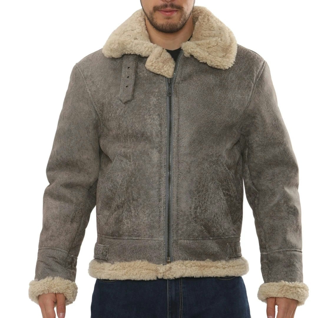 Infinity Leather Men's Grey Leather Company Shearling Leather B3 Aviator Bomber Jacket - Small