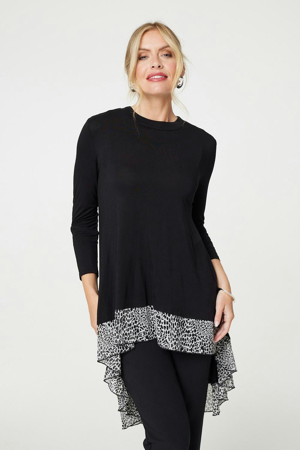 Izabel London Black Animal Print High Low Jersey Top - 10