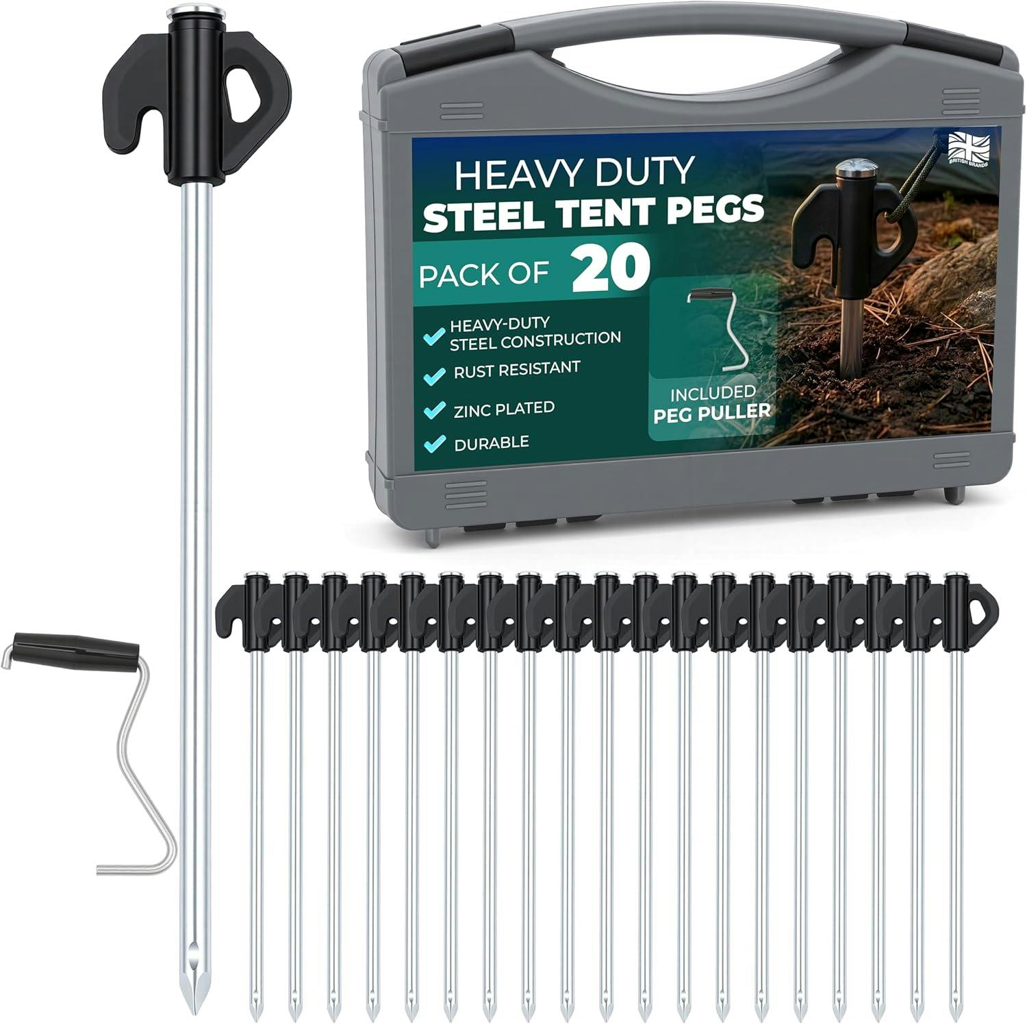 Adventure Peaks Steel Tent Pegs - Set Of 20 Zinc Plated Metal Ground Pegs With Peg Puller, Strong Camping & Gazebo Pegs