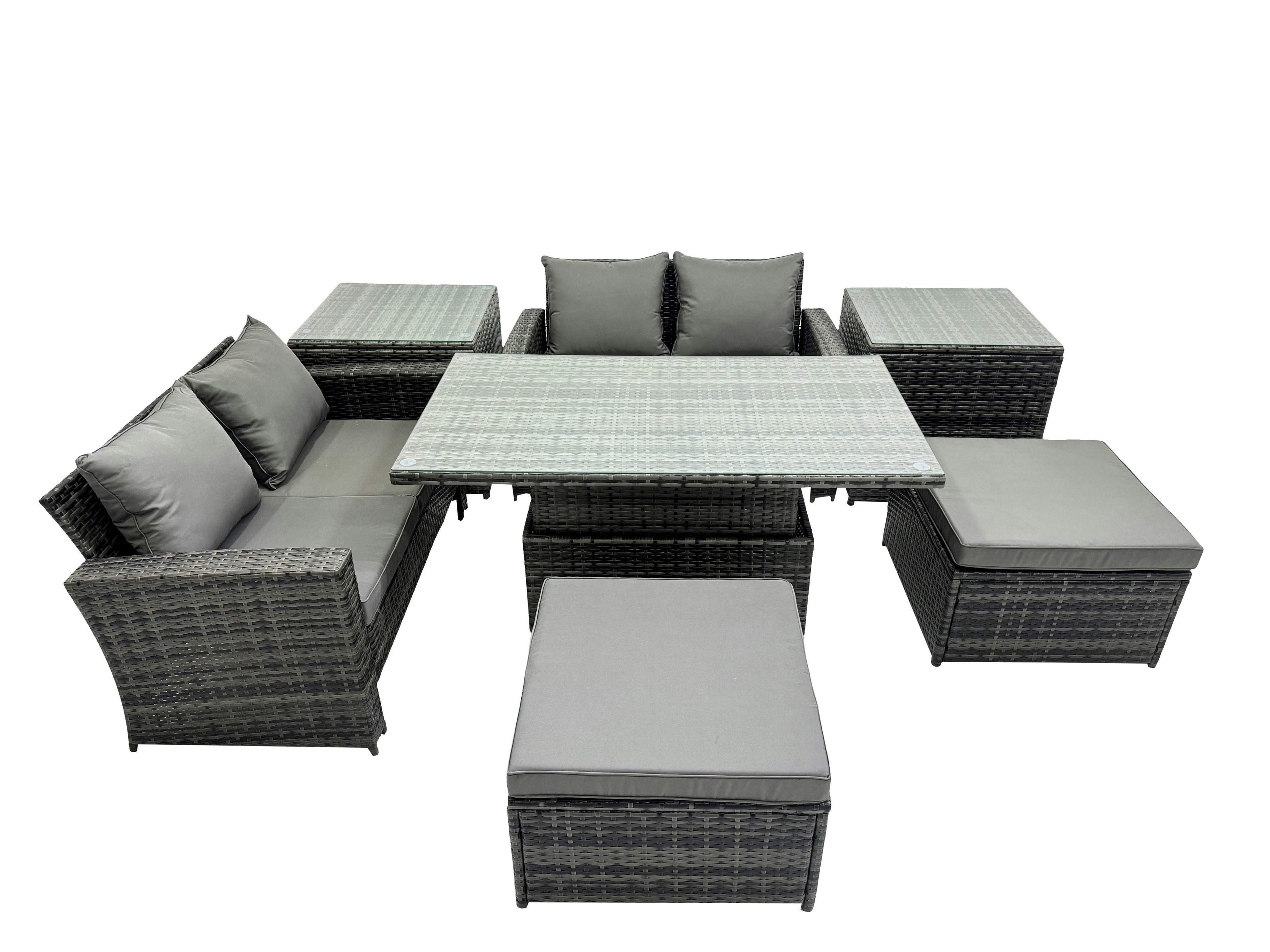 Fimous Dark/Grey Outdoor Love Sofa Set 6 Seat Rattan Garden Furniture Set With Adjustable Lifting Dining Or Coffee Table Big Stool Mixed