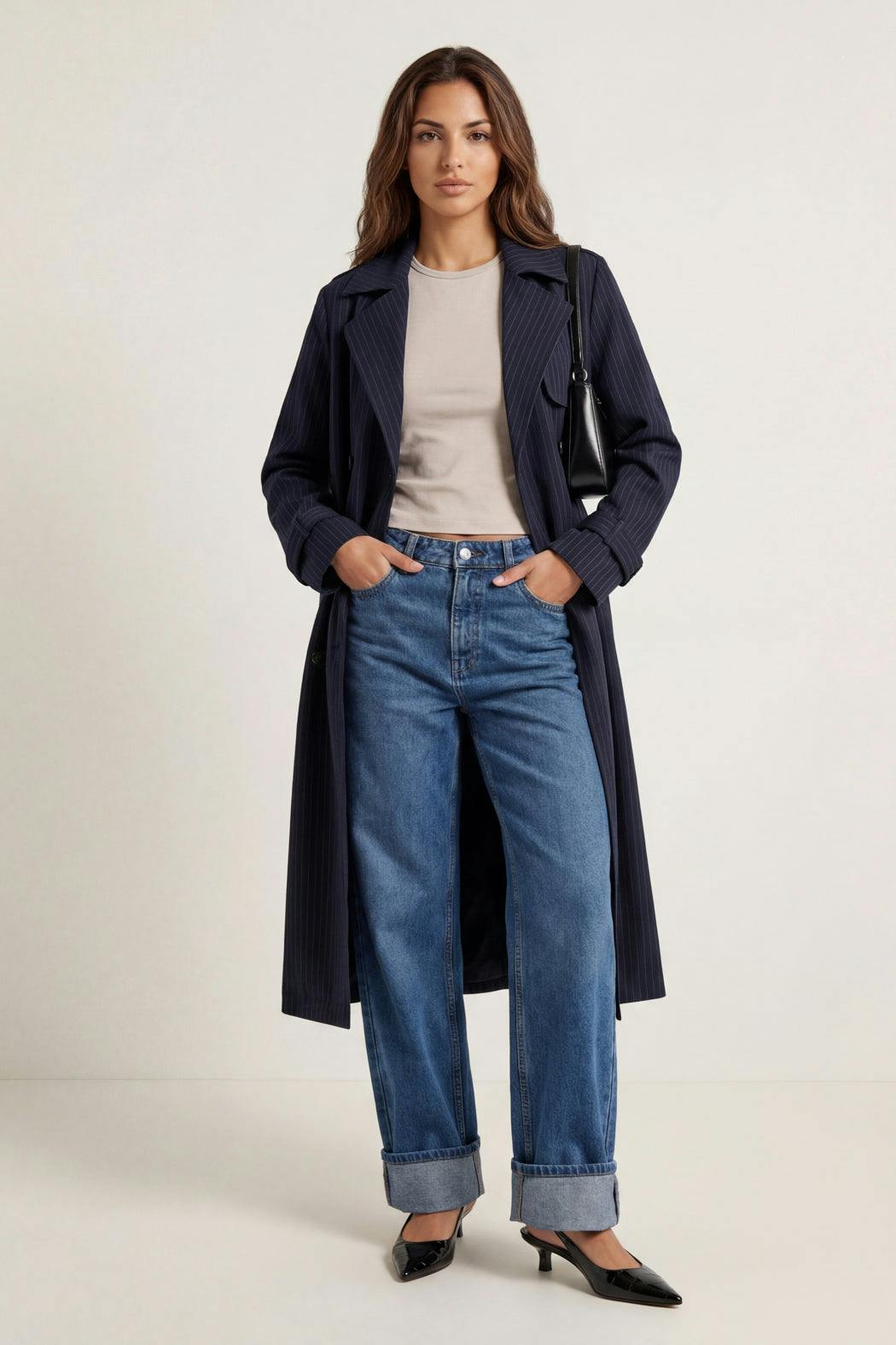 Urban Bliss Stripe Trench Coat - Navy - 8