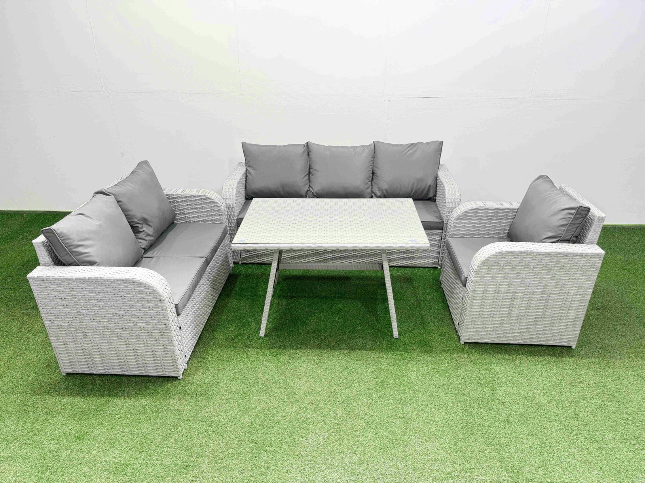 Rackhams Light/Grey Rattan High Back Lounge Sofa Set Patio Dining Table & Chairs Set With 3 Seater Sofa Reclining Chair