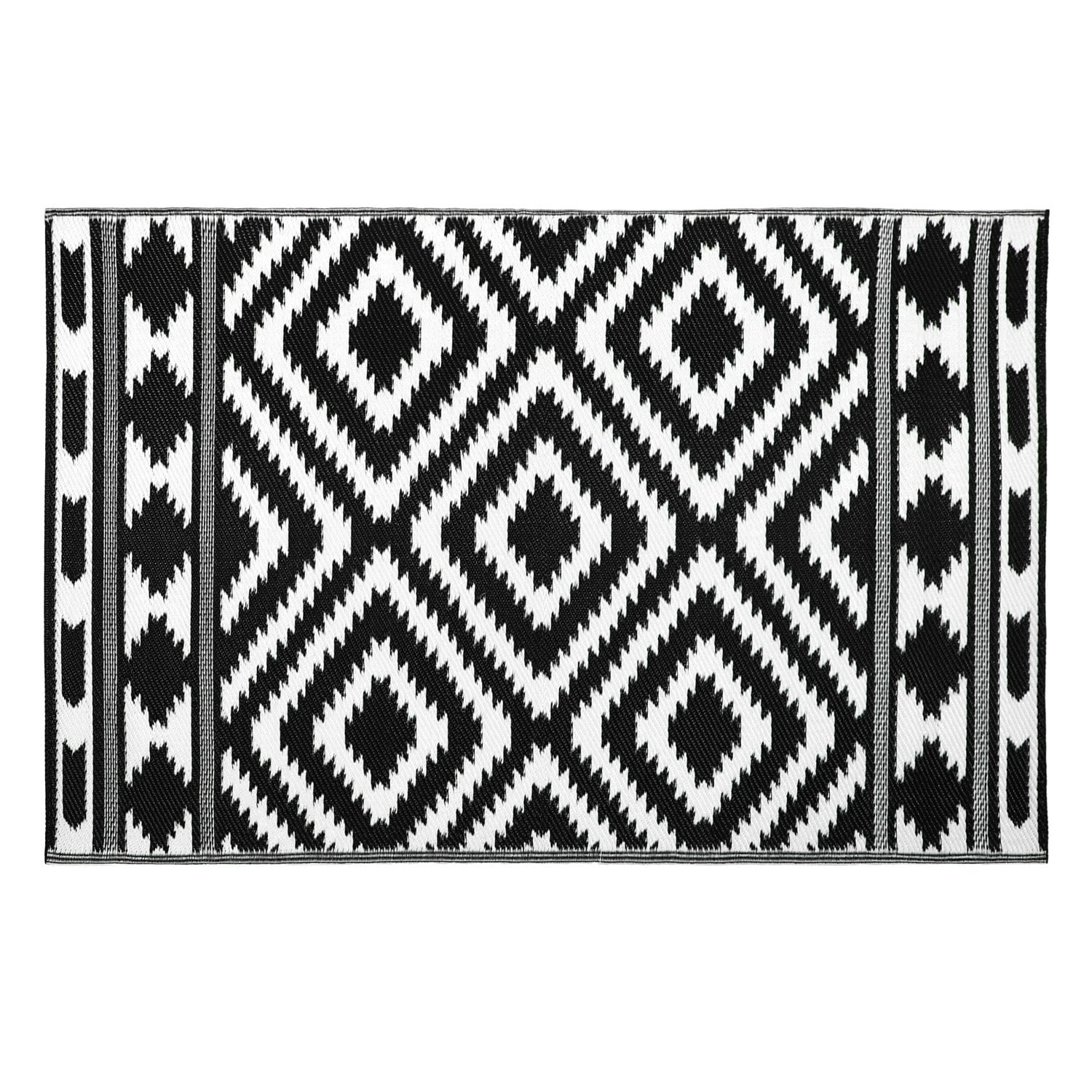 Rackhams Black/White Lightweight Reversible Plastic Woven Outdoor Rug, 133X190cm, Aztec