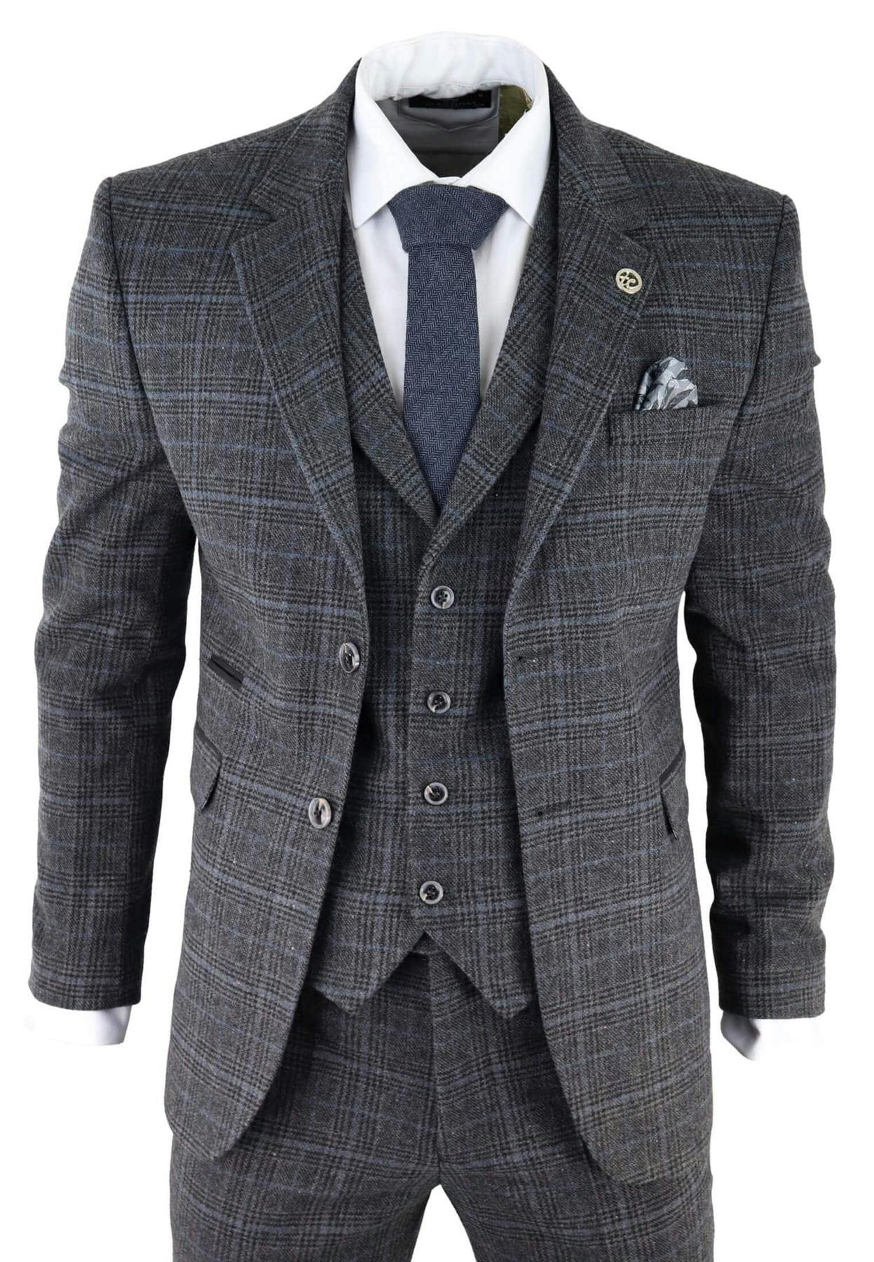 Truclothing Men's Grey Check 3 Piece Tweed Suit Peaky Blinders 1920S Gatsby Tailored Fit - 44" Jacket 38" Trousers