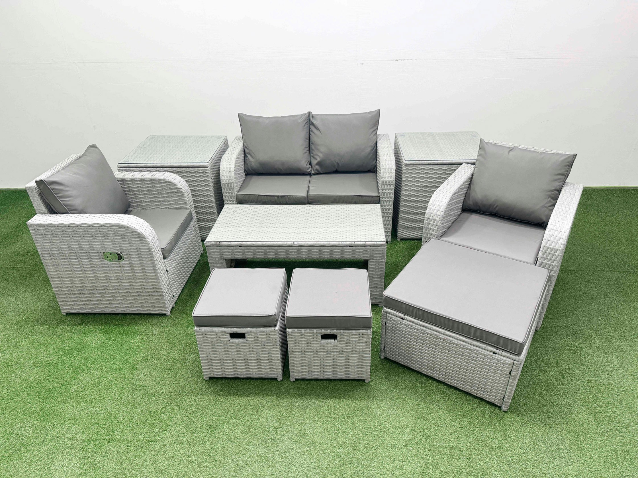 Rackhams Light/Grey Pe Wicker Rattan Garden Furniture Set Sofa Set Reclining Adjustable Chair Oblong Coffee Table 7 Seater 3 Stools 2 Side Table