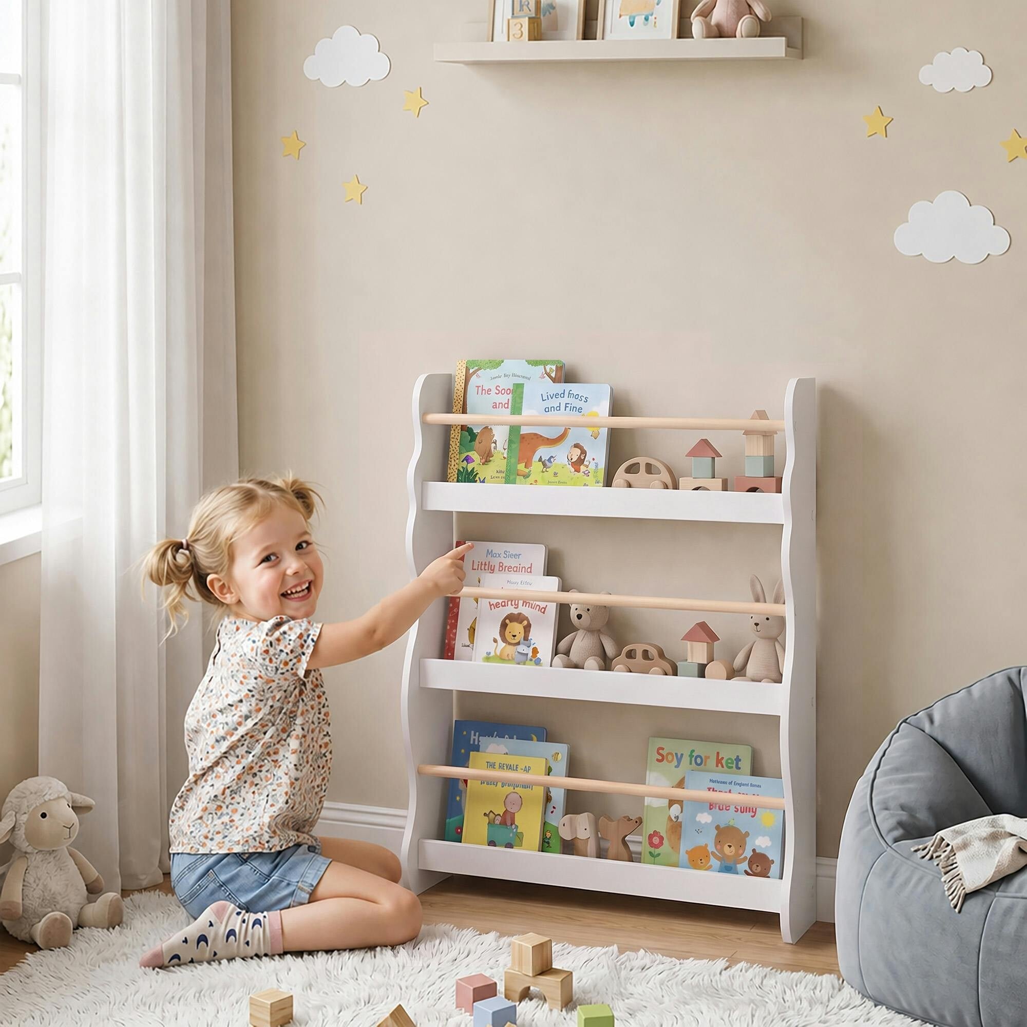 Aiyaplay Kids Bookshelf Wall Mounted 3 Tier Kids Bookcase White - Image 3