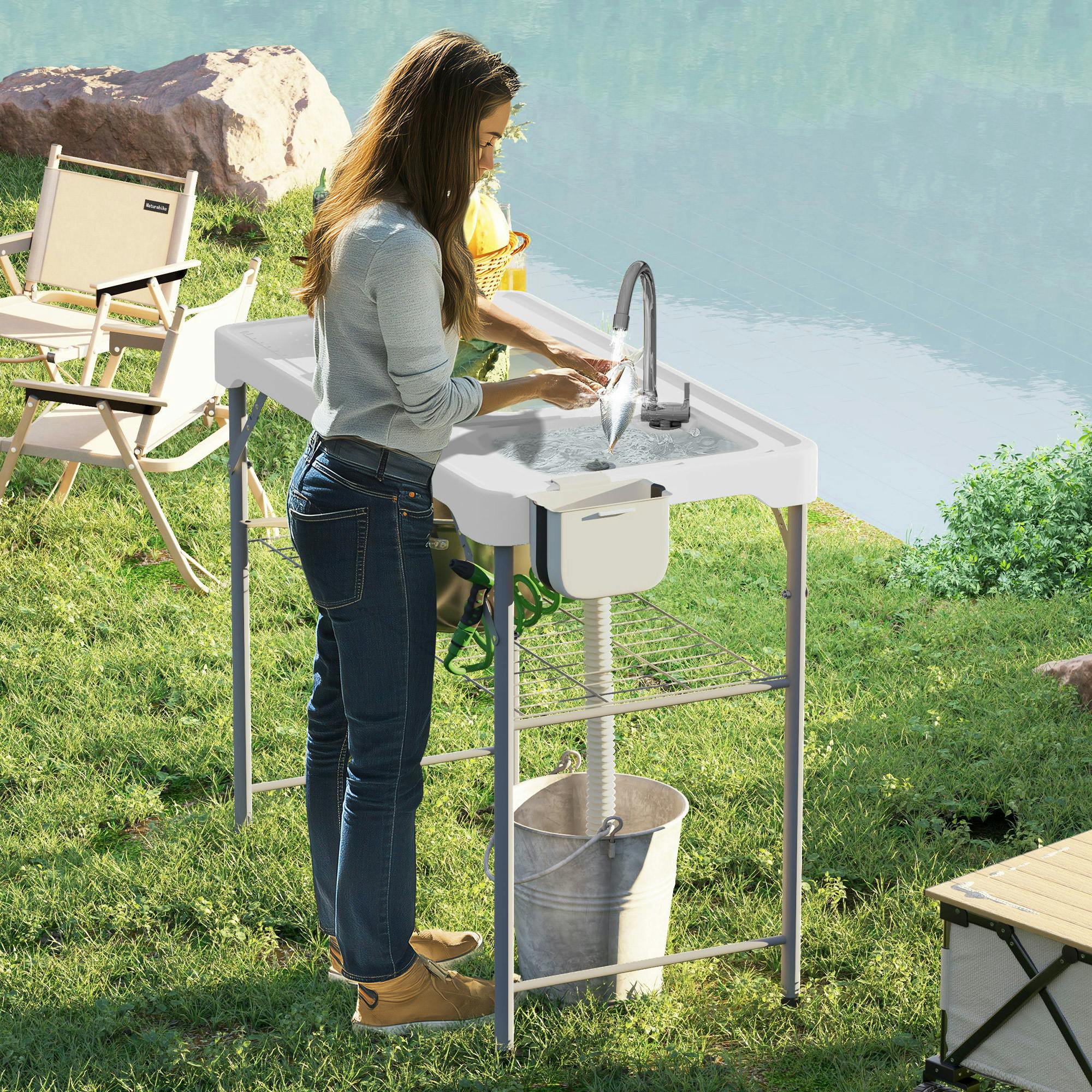 Rackhams White Folding Fish Cleaning Table Camping Sink Table With Faucet,