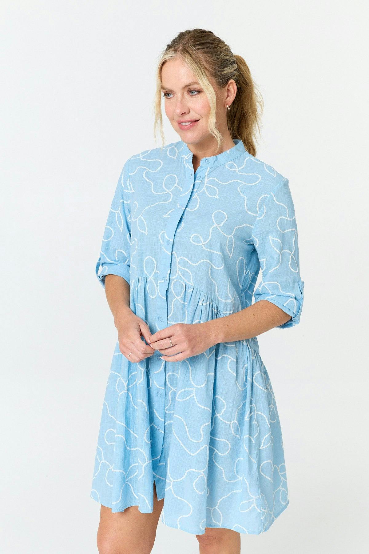 Izabel London Blue Abstract Relaxed Short Shirt Dress - 16