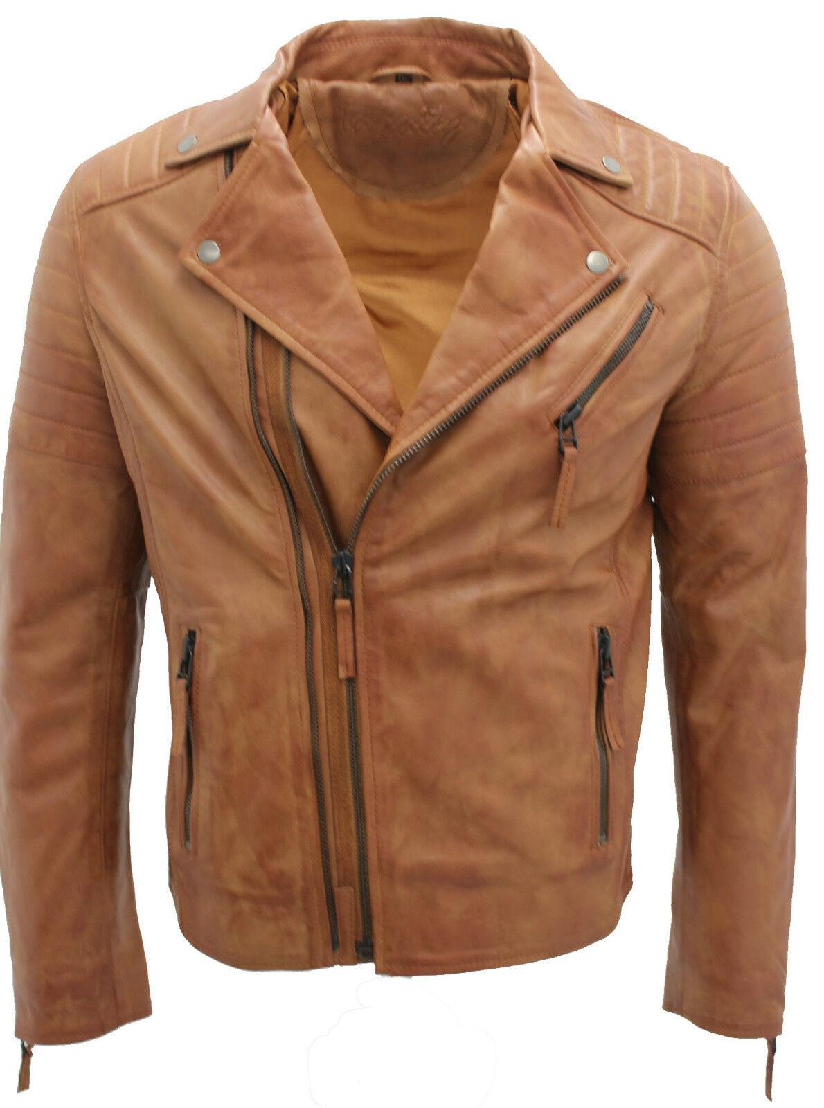 Infinity Leather Men's Slim Fit Brando Style Cross Zip Leather Biker Jacket - Uk 2XL | Eu 54 | Us 44 - Tan