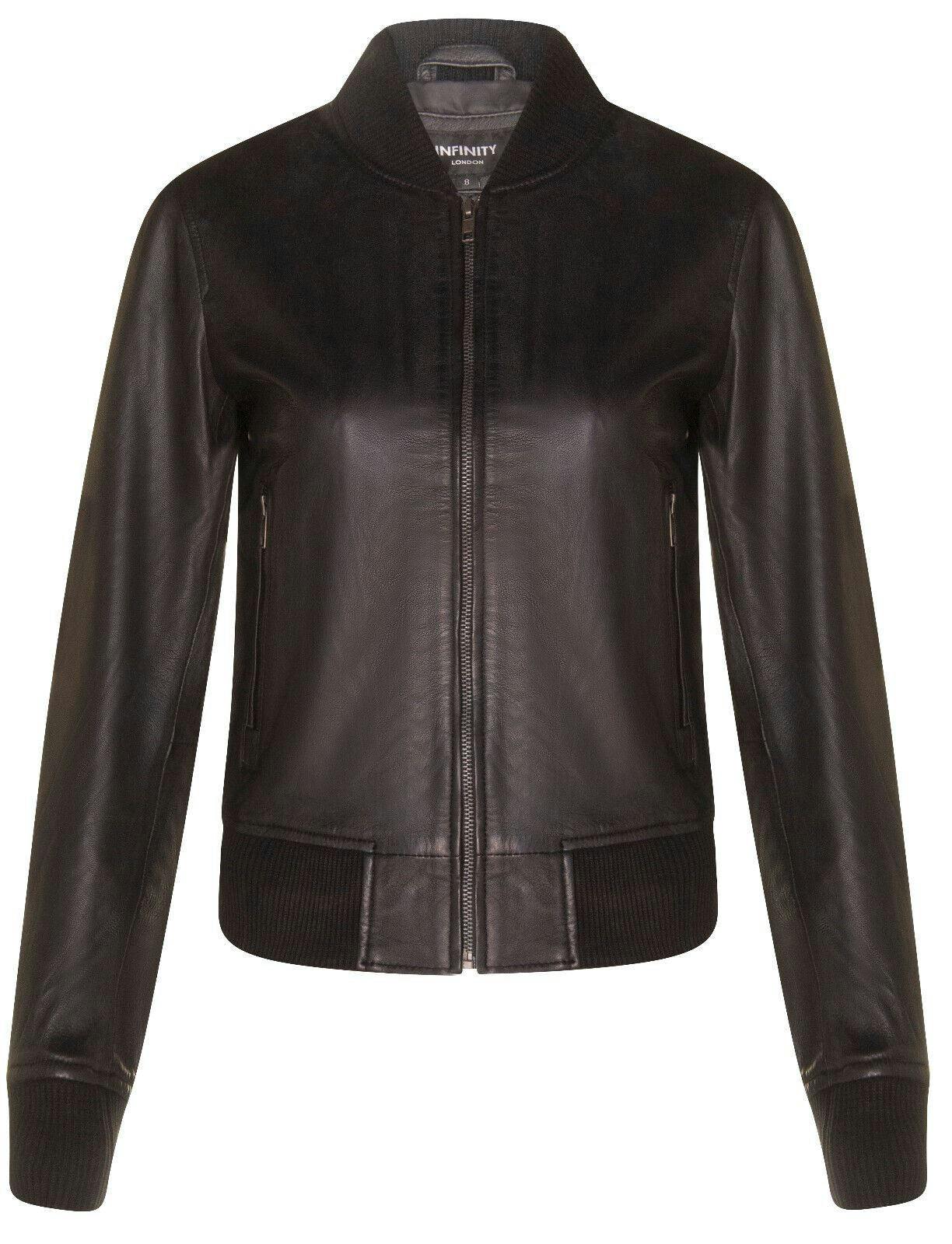 Infinity Leather Women's Black Classic Ma-1 Leather Bomber Jacket-Newcastle - Uk Xs/8 | Eu 34 | Us 4