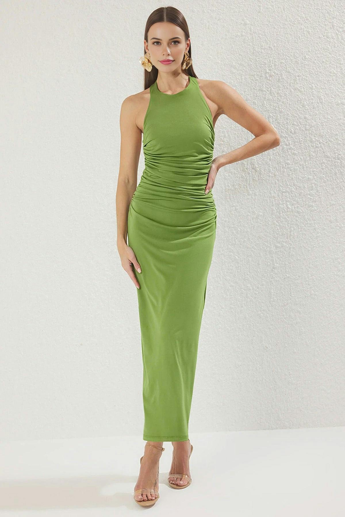 Wovcor Green Draped Midi Dress With Twist Detail Stretchy Knit - Xs