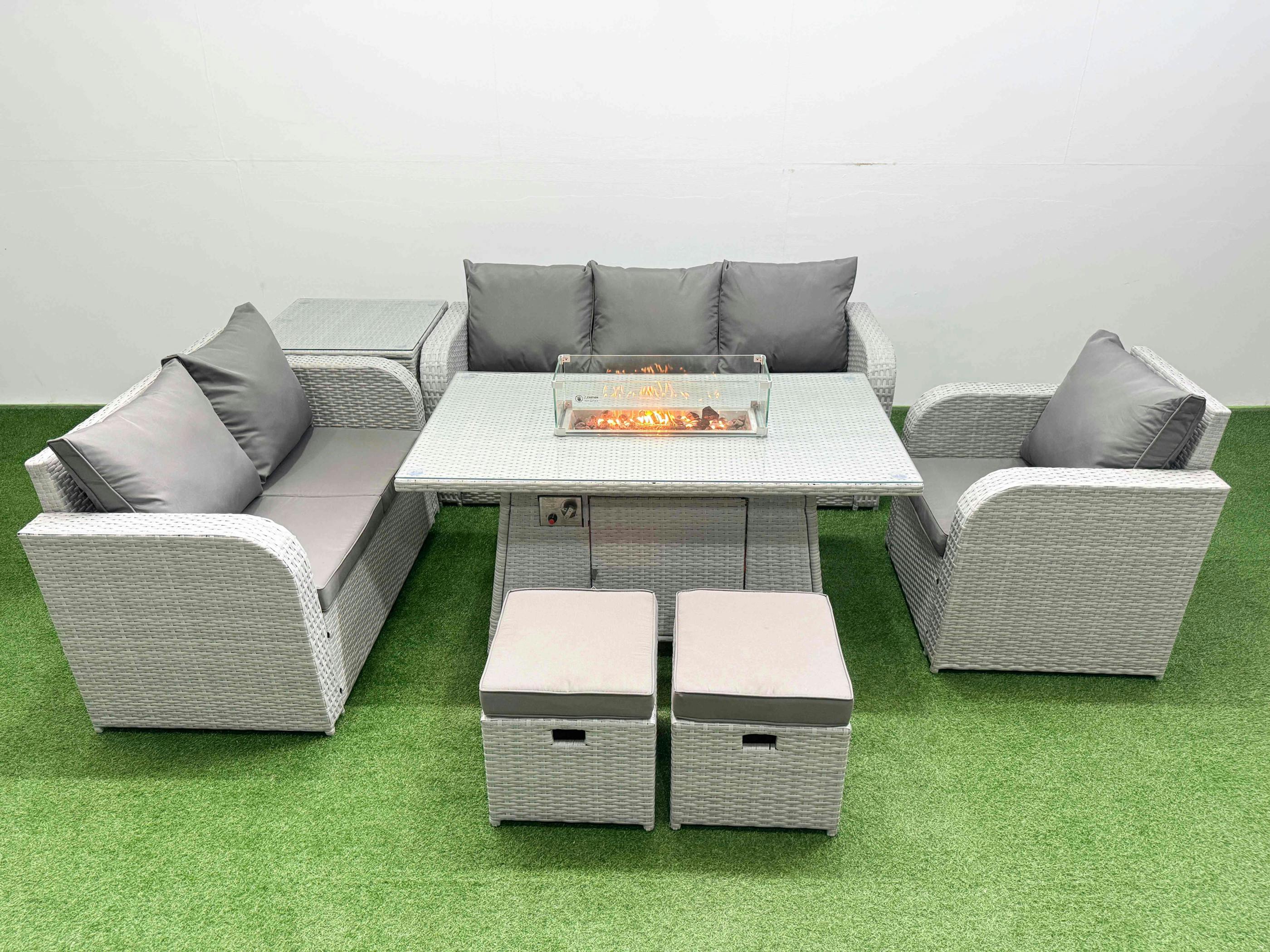 Fimous Light/Grey 8 Seater Pe Wicker Rattan Garden Furniture Patio Set, Firepit Table, Reclining Chair, Loveseat, 3 Seater Sofa, Stool, Side Table,