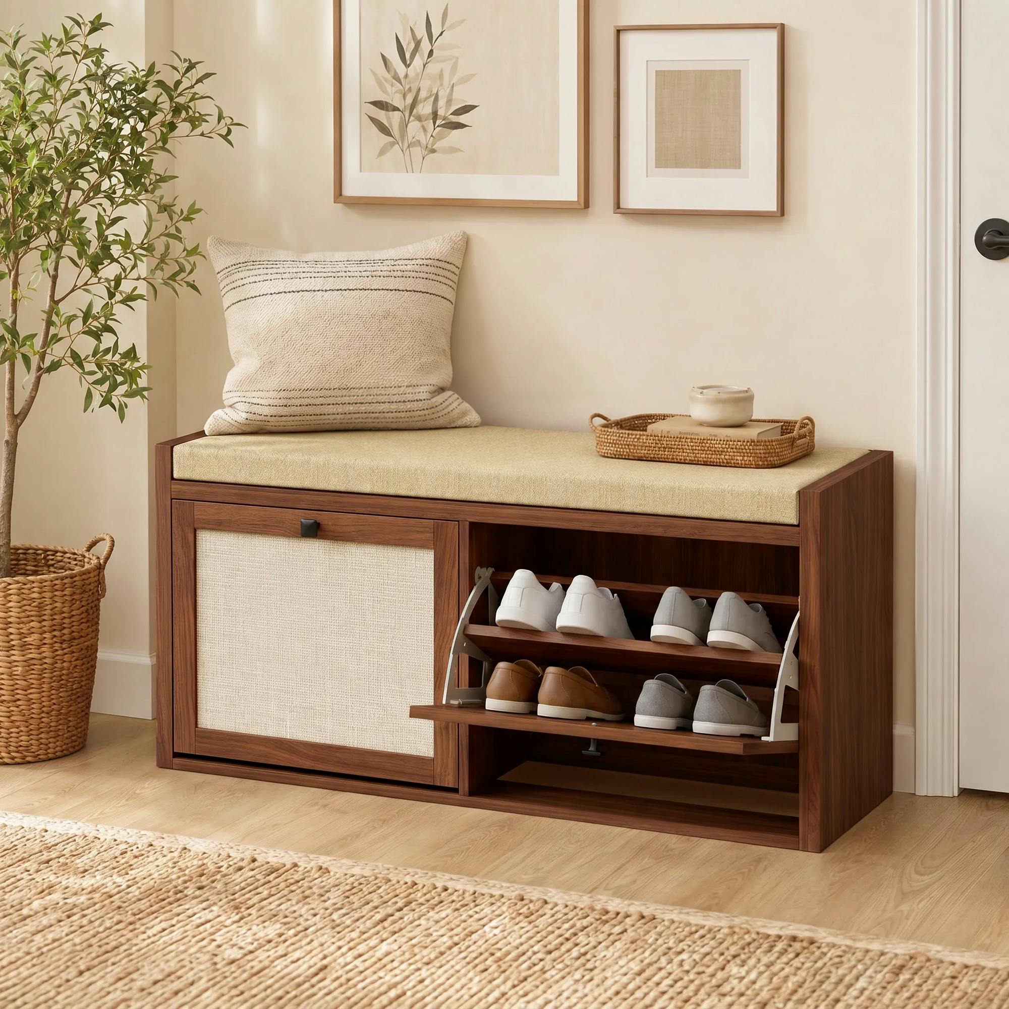 Rackhams Brown Rattan Shoe Bench With Padded Cushion And 2 Cabinets,
