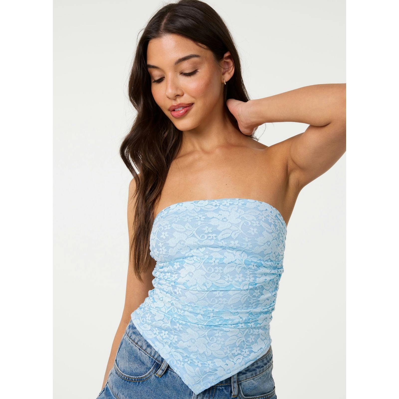 Pink Vanilla Pink/Blue Vanilla Bandeau Ruched Side Lace Top - S