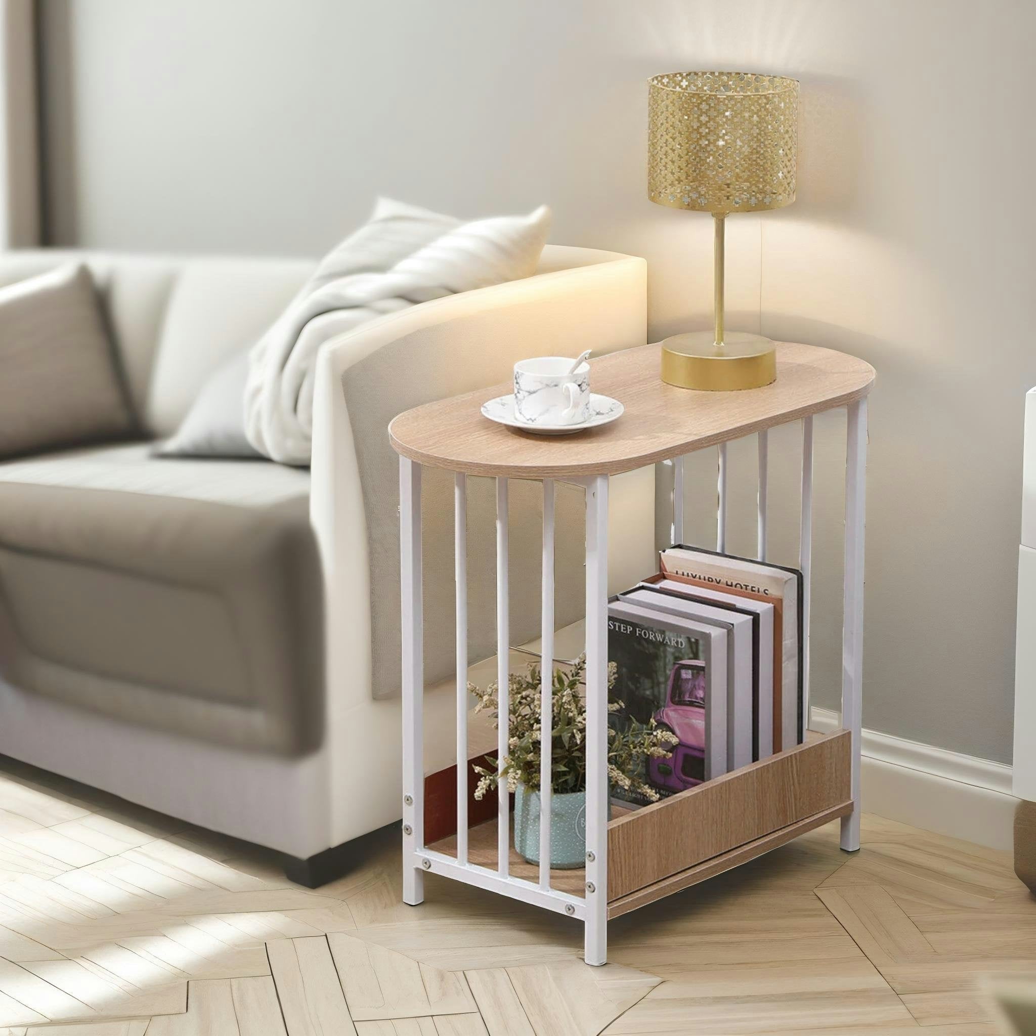 Rafaelo Mobilia White 2 Tier Narrow Side Table Oak