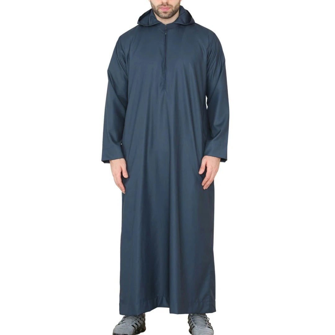 Thobez Men's Hooded Thobe Nehru Collar Islamic Clothing Muslim Kaftan Robe Saudi - Navy - 2XL - Slim