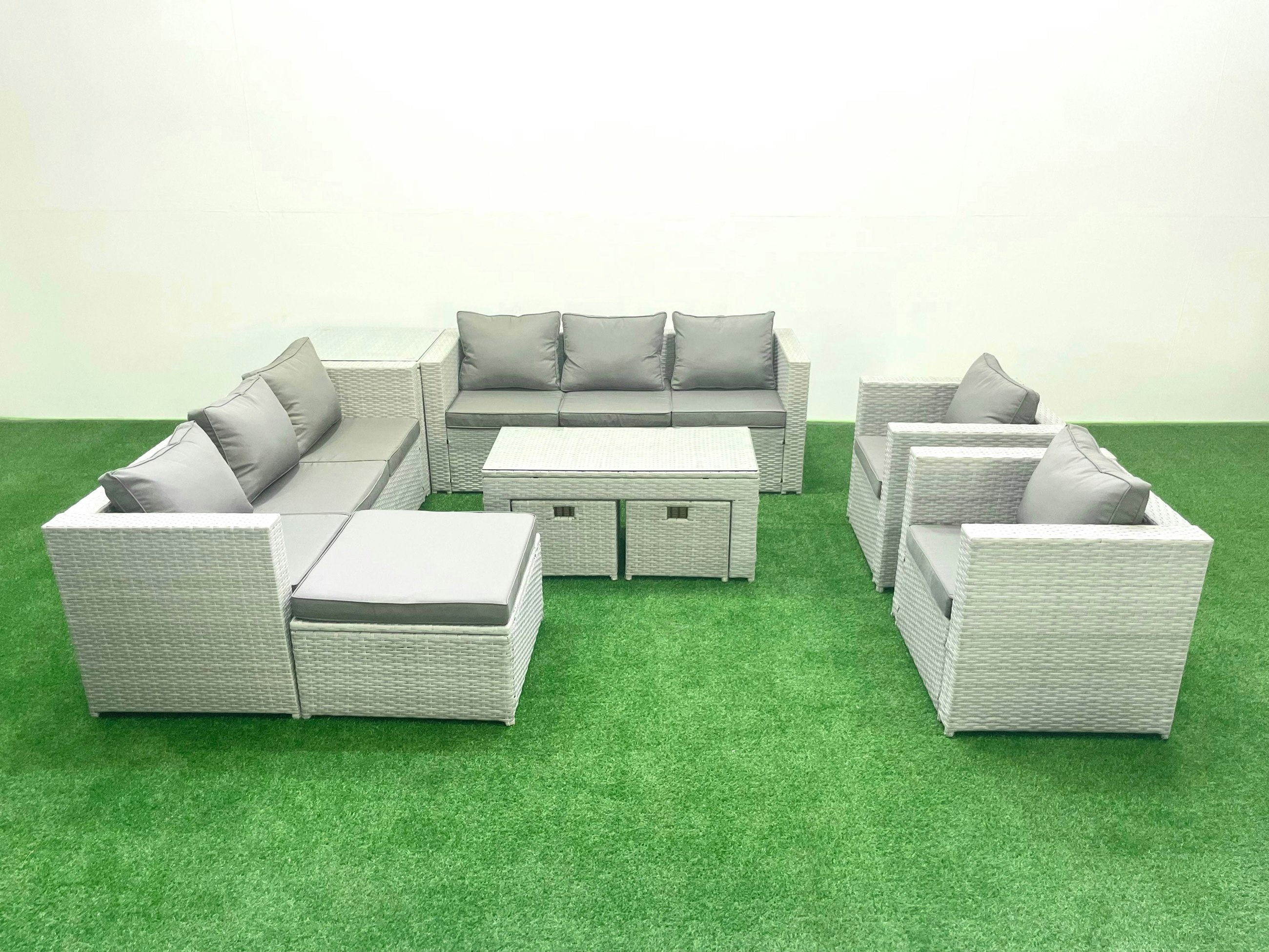 Fimous Light/Grey Outdoor Garden Furniture Rattan Sofa Set With 2 Armchairs Oblong Coffee Table 3 Footstools Side Table Mixed