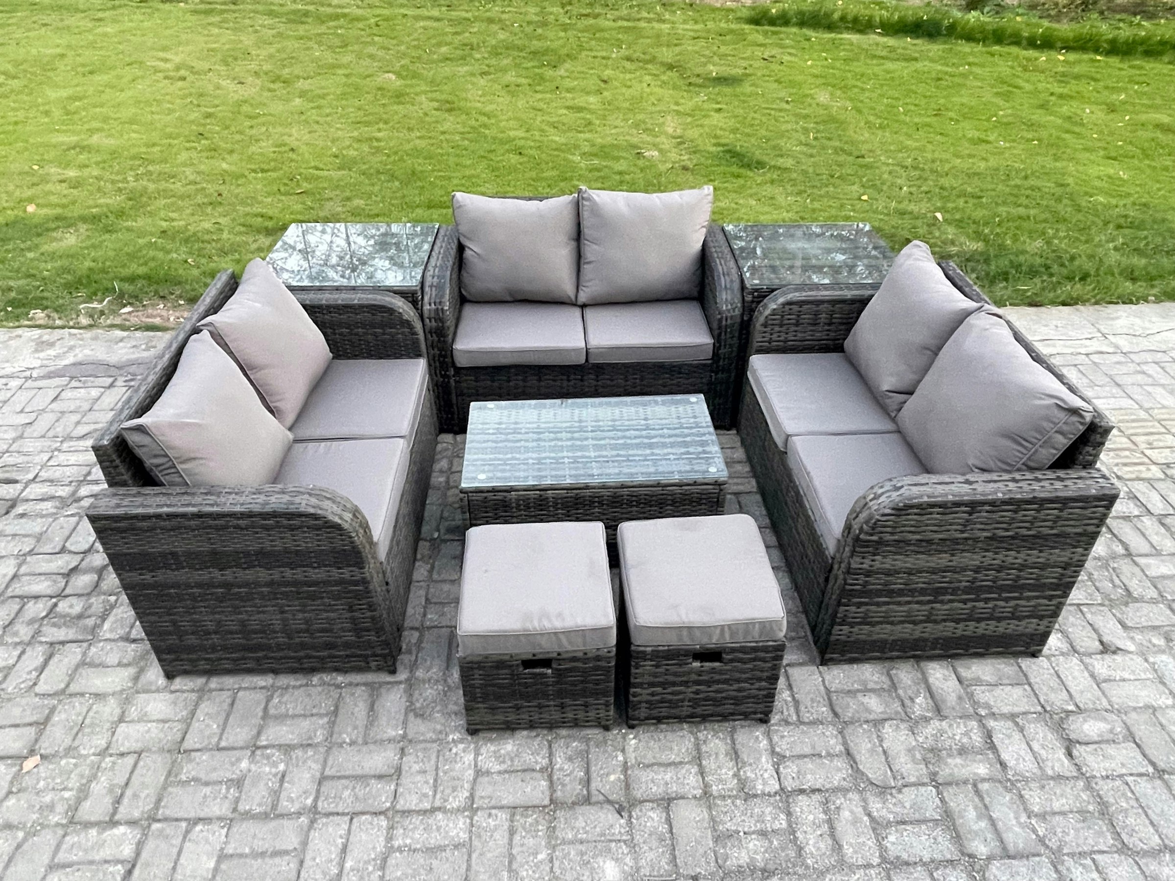 Fimous Dark/Grey 8 Seater Mixed Rattan Outdoor Lounge Set - Loveseat, Coffee Table & 2 Side Tables & 2 Small Footstools