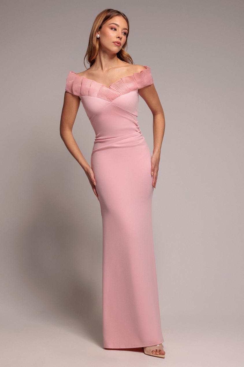 Goddiva Pink Fan Pleated Bardot Scuba Crepe Maxi Dress - Blush By - Blush - 18