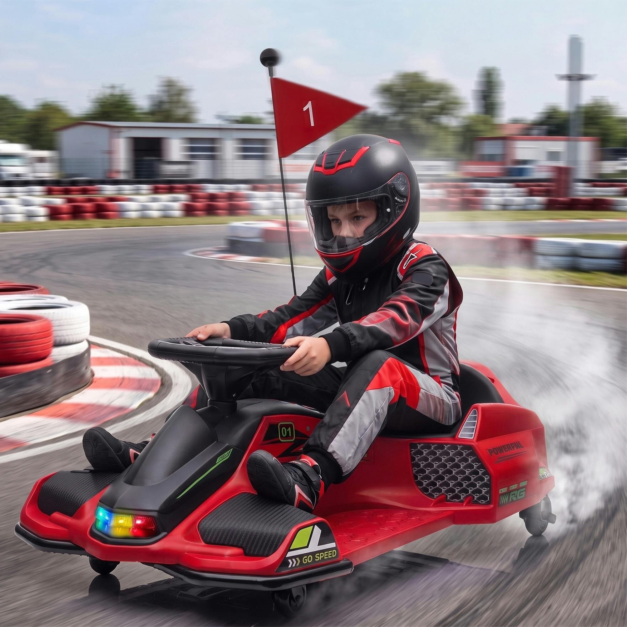Homcom Red 12V Electric Go Kart For Kids With Music, Led Lights,