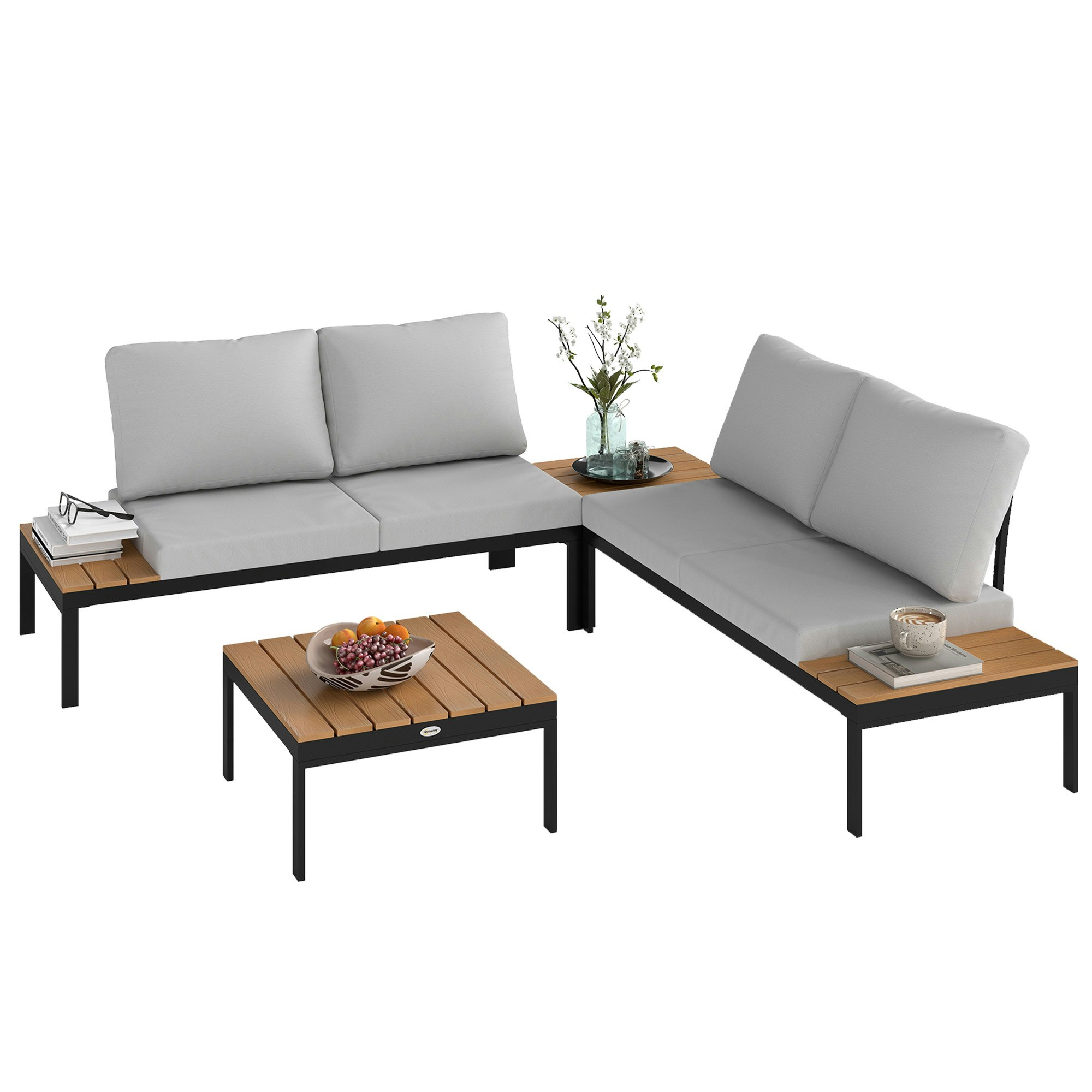 Rackhams 4 Seater Garden Corner Sofa Set With Removable Thick Cushions Teak - Teak - Metal, Polyester - Size 141