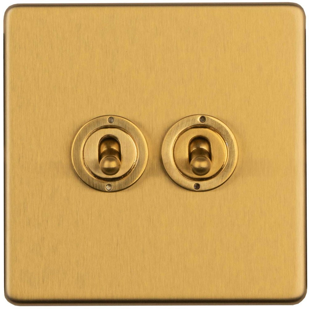 Loops 2 Gang Double Retro Toggle Light Switch SCREWLESS SATIN BRASS 10A 2 Way Lever