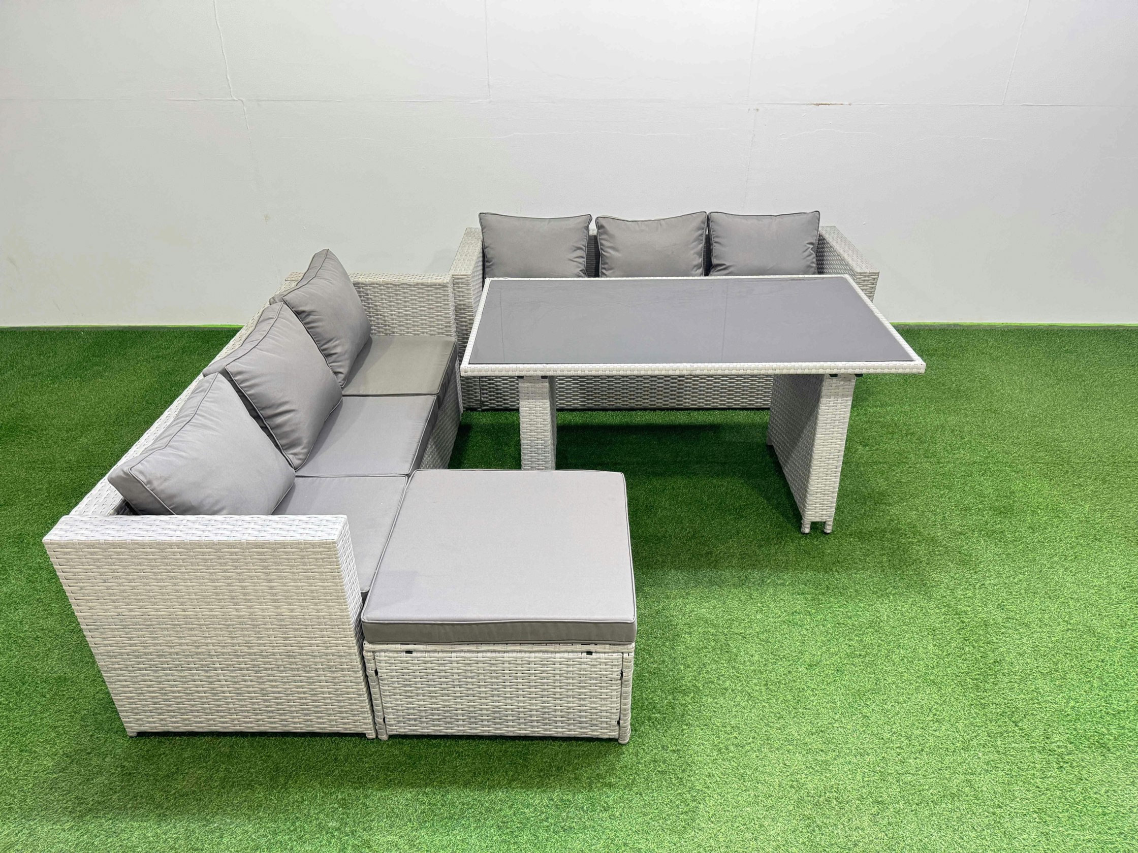 Rackhams Light/Grey Rattan Garden Furniture Dining Set 7 Seater Patio Rectangular Table Sofa Set With Big Stool