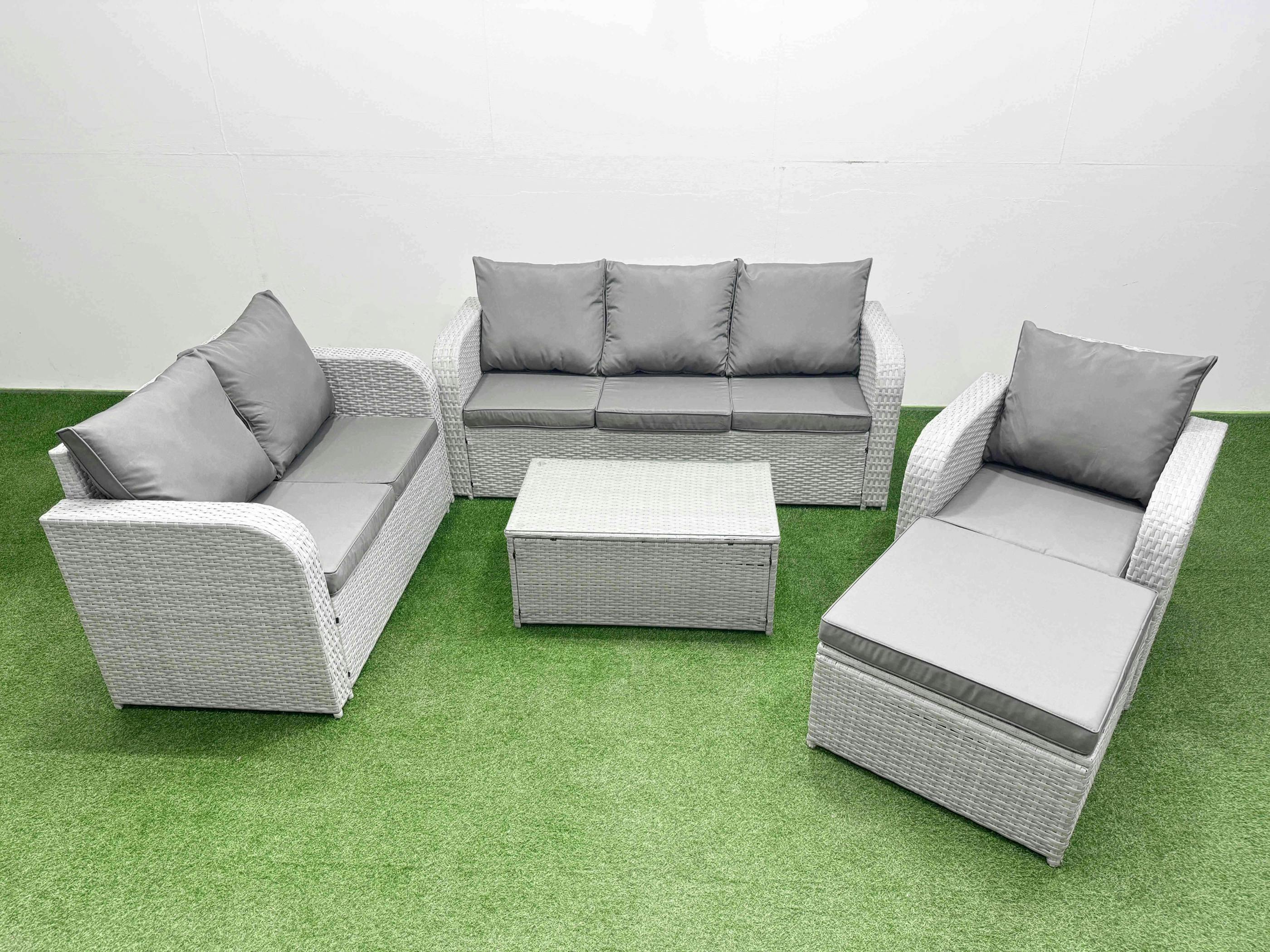 Rackhams Light/Grey 7 Seater Rattan Lounge Set, Pe Wicker, Coffee Table, Reclining Chair, Loveseat, 3 Seater Sofa And Big Footstool,