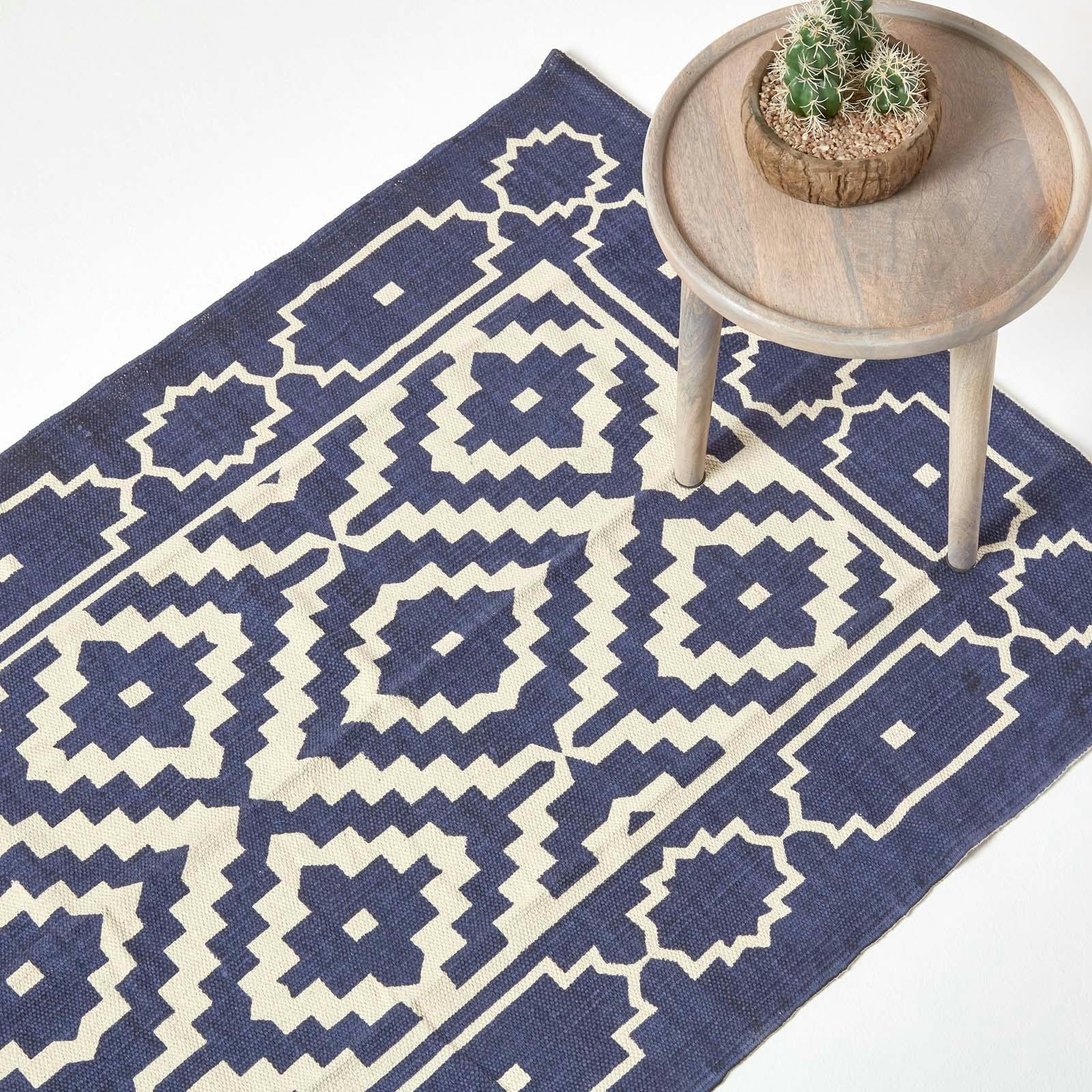 Homescapes Blue/White Halmstad And Scandi Style 100% Cotton Printed Rug - 120 X 170 Cm