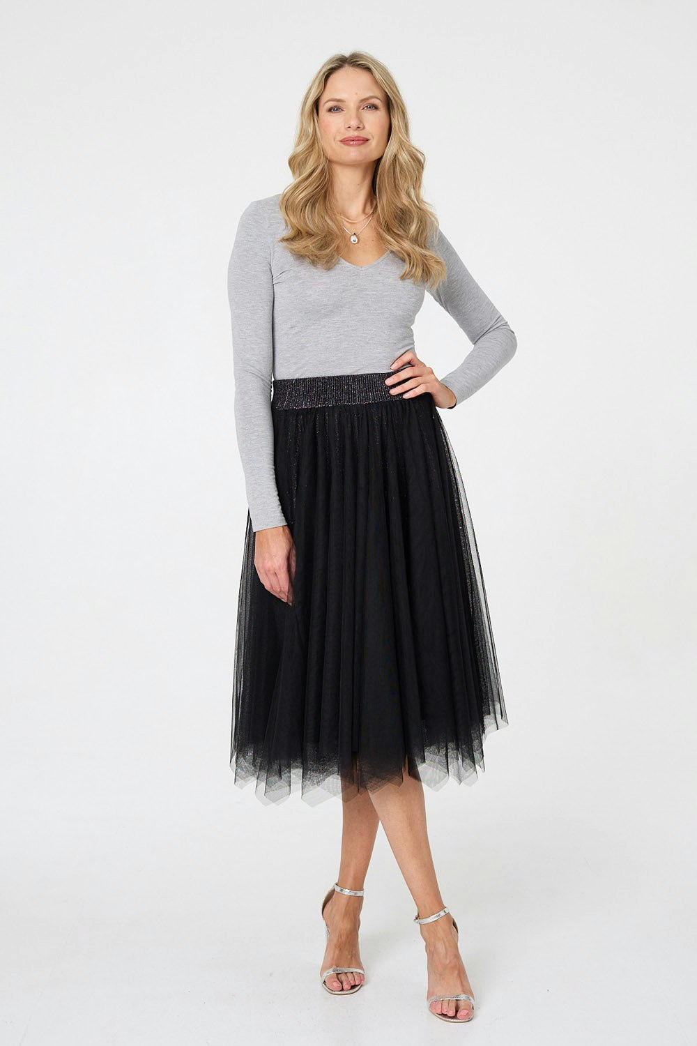 Izabel London Black Reversible Knit Mesh Texture Midi Skirt - 14