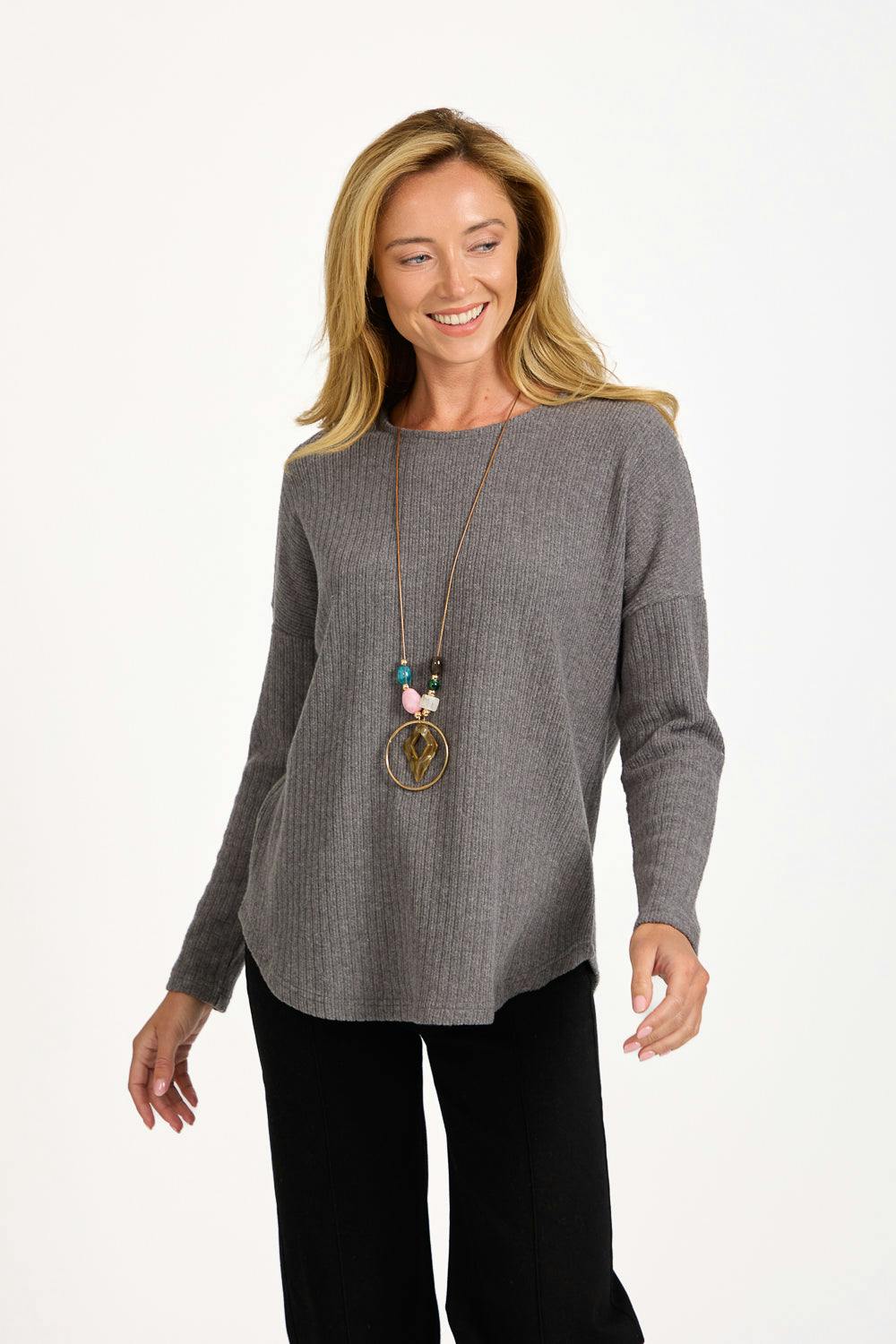 Mudflower Grey Textured Stripe Necklace Top - 10