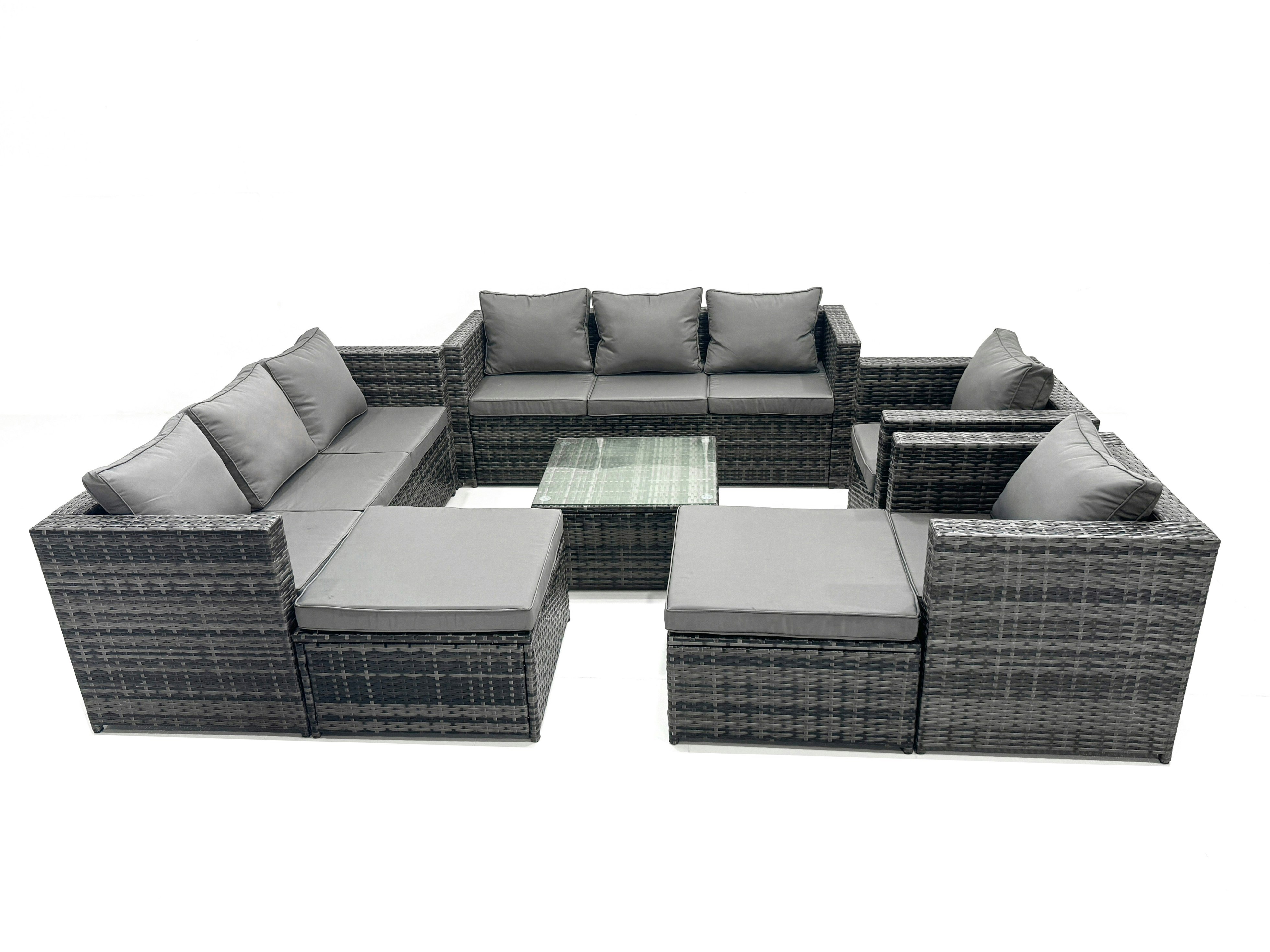 Rackhams Dark/Grey Outdoor Rattan Garden Furniture Set 10 Seater Patio Lounge Sofa Set With Armchair Square Coffee Table 2 Big Footstool Mixed