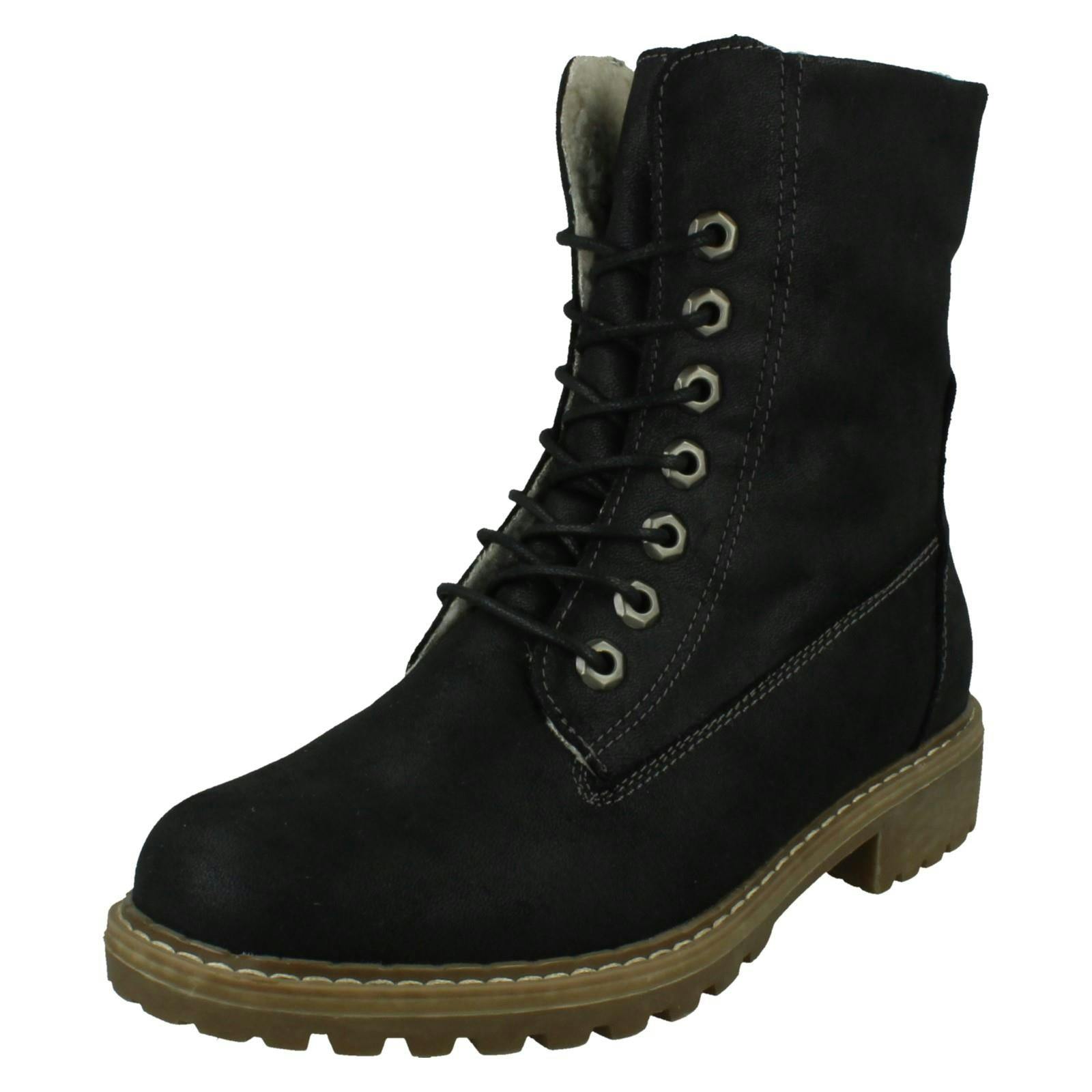 Spot On Women's Black Mid Heel Lace Up Fleece Lined Calf Boots F51217 - Uk 8