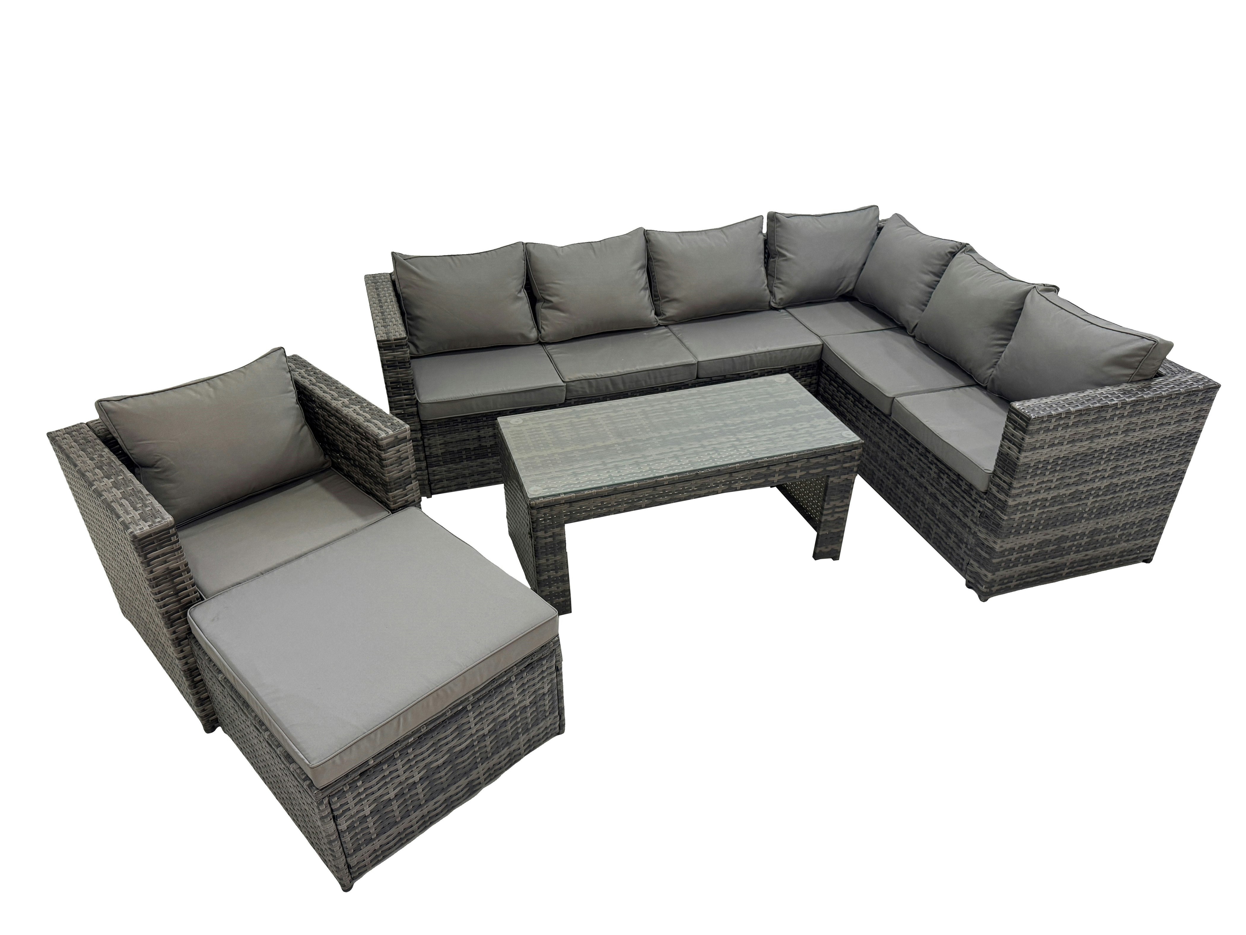 Fimous Dark/Grey Outdoor Rattan Oblong Coffee Table Corner Sofa Sets Garden Furniture Set With Chair Big Stool Mixed
