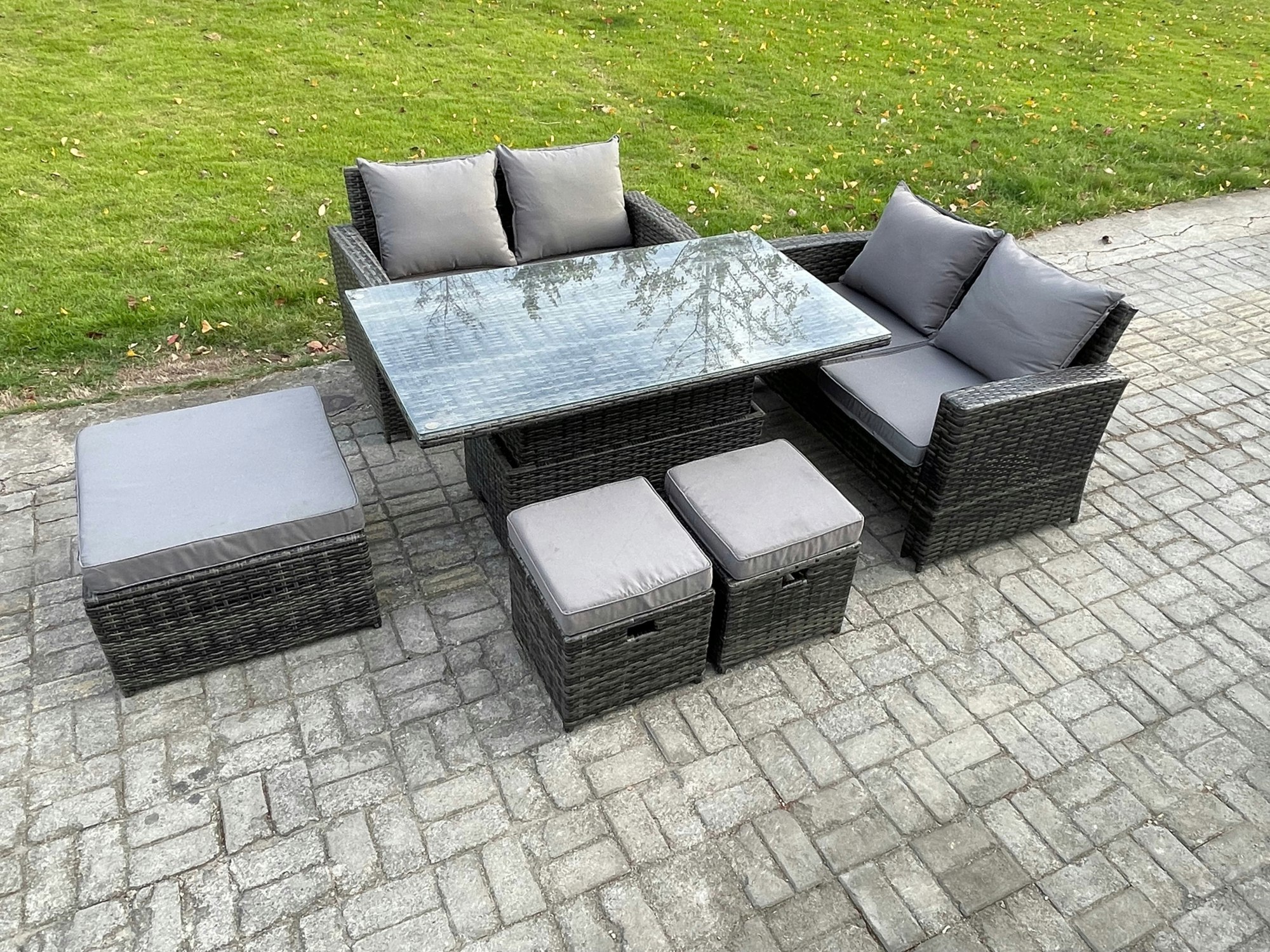 Fimous Dark/Grey 7 Seater Wicker Rattan Garden Furniture Rising Table Set With 3 Footstool Double Seat Sofa Mixed