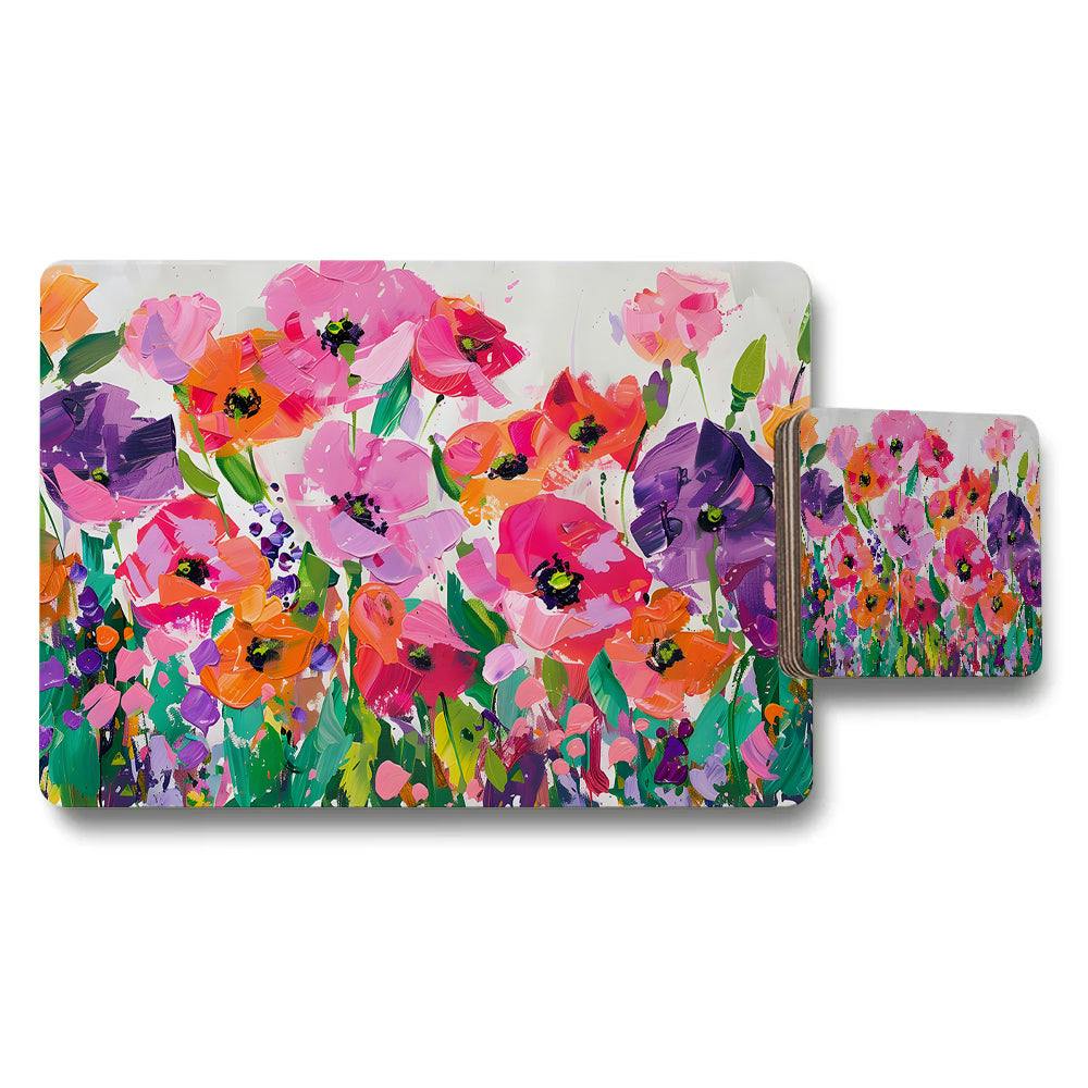 Benjamin Tate Design Colorful Floral Placemats And Coaster Set With Abstract Bloom Design